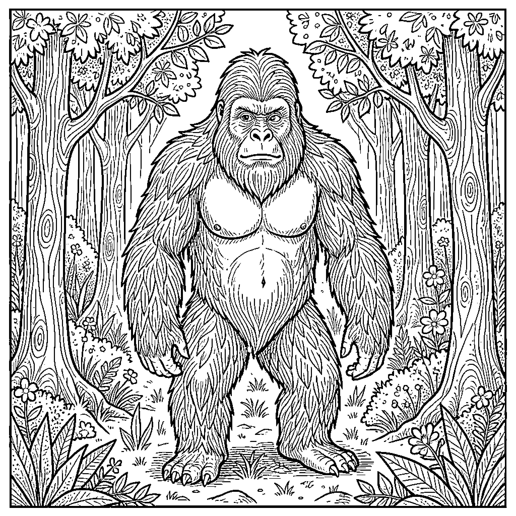 Sasquatch exploring the enchanting forest Coloring Page (free black-and-white line drawing printable PDF for all, from beginners to advanced learners, including children, teens, adults, and seniors)