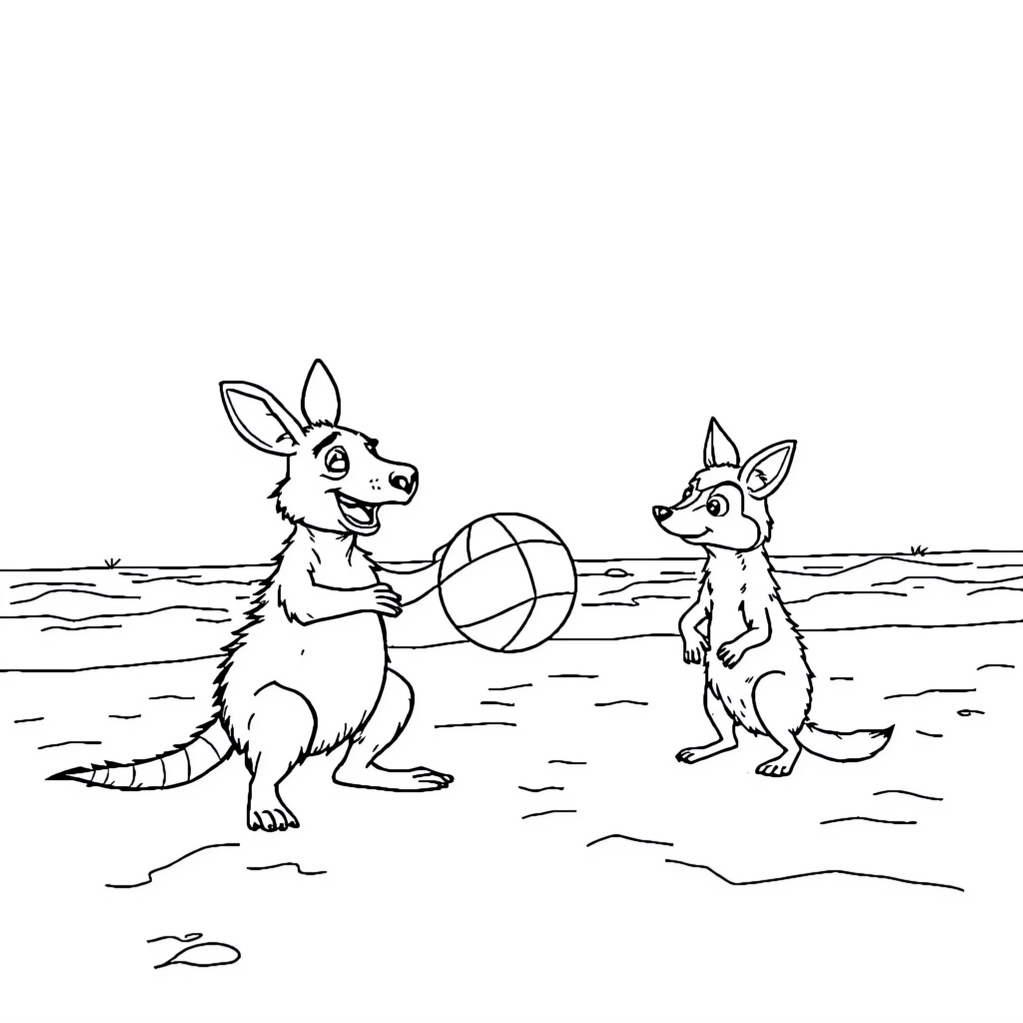 Aardvarks playing with a beach ball on the sand Coloring Page (free black-and-white line drawing printable PDF for all, from beginners to advanced learners, including children, teens, adults, and seniors)