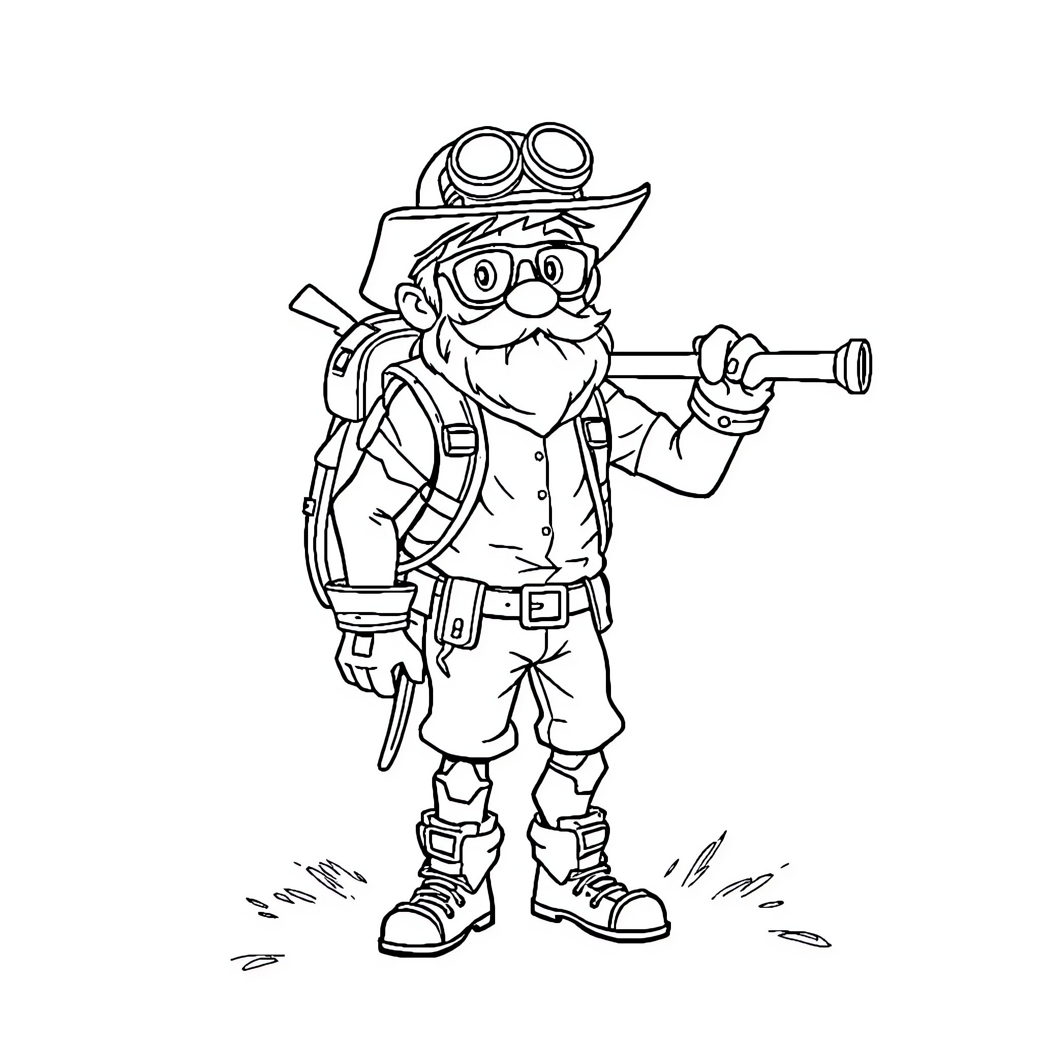 Dr. Bravestone exploring with telescope and gear Coloring Page (free black-and-white line drawing printable PDF for all, from beginners to advanced learners, including children, teens, adults, and seniors)