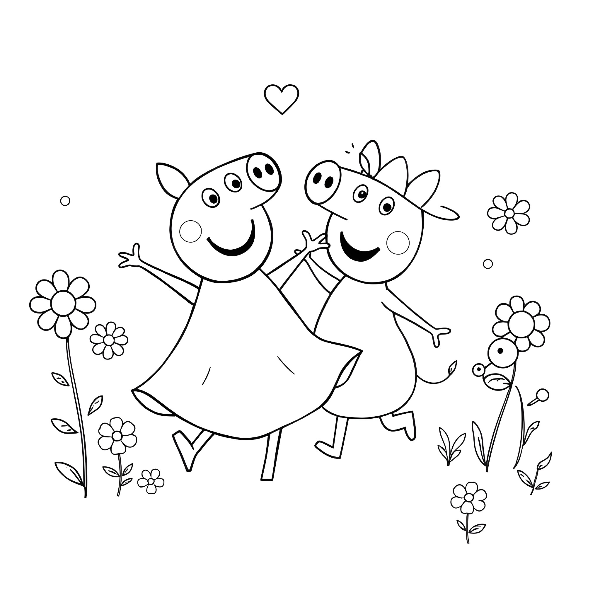 Pepa Pig characters dancing happily in a floral field Coloring Page (free black-and-white line drawing printable PDF for all, from beginners to advanced learners, including children, teens, adults, and seniors)