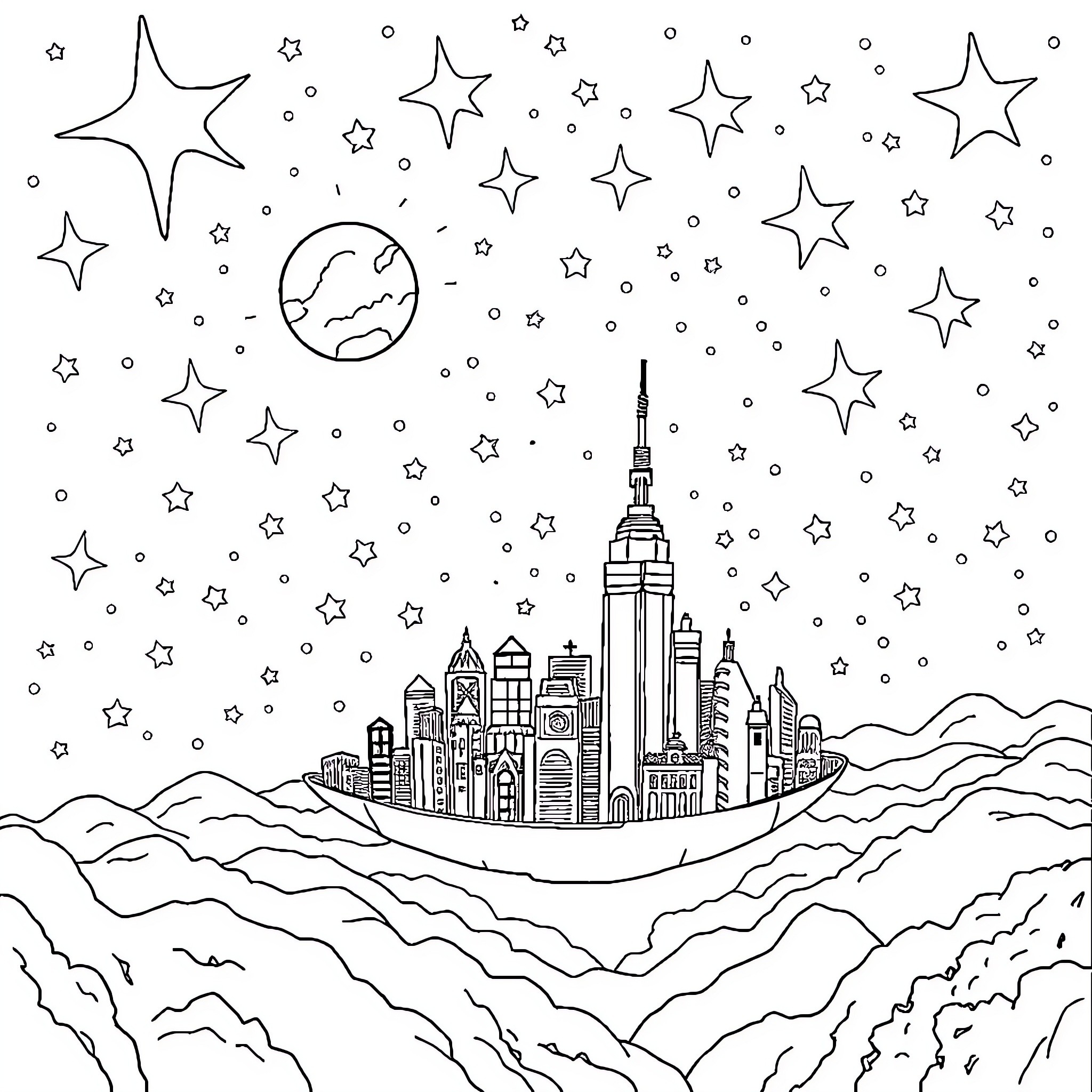 City skyline under a starry night sky Coloring Page (free black-and-white line drawing printable PDF for all, from beginners to advanced learners, including children, teens, adults, and seniors)