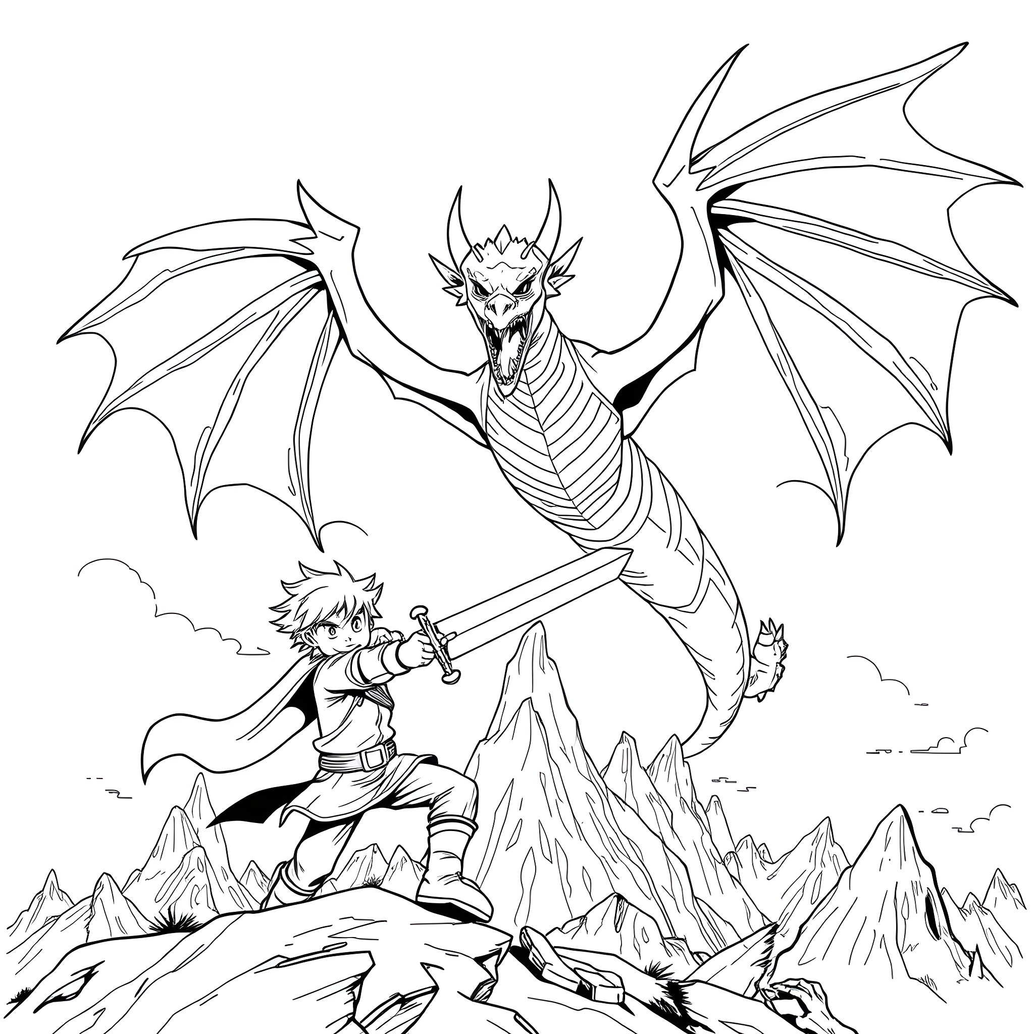 Steve battles the fierce dragon in the mountain Coloring Page (free black-and-white line drawing printable PDF for all, from beginners to advanced learners, including children, teens, adults, and seniors)