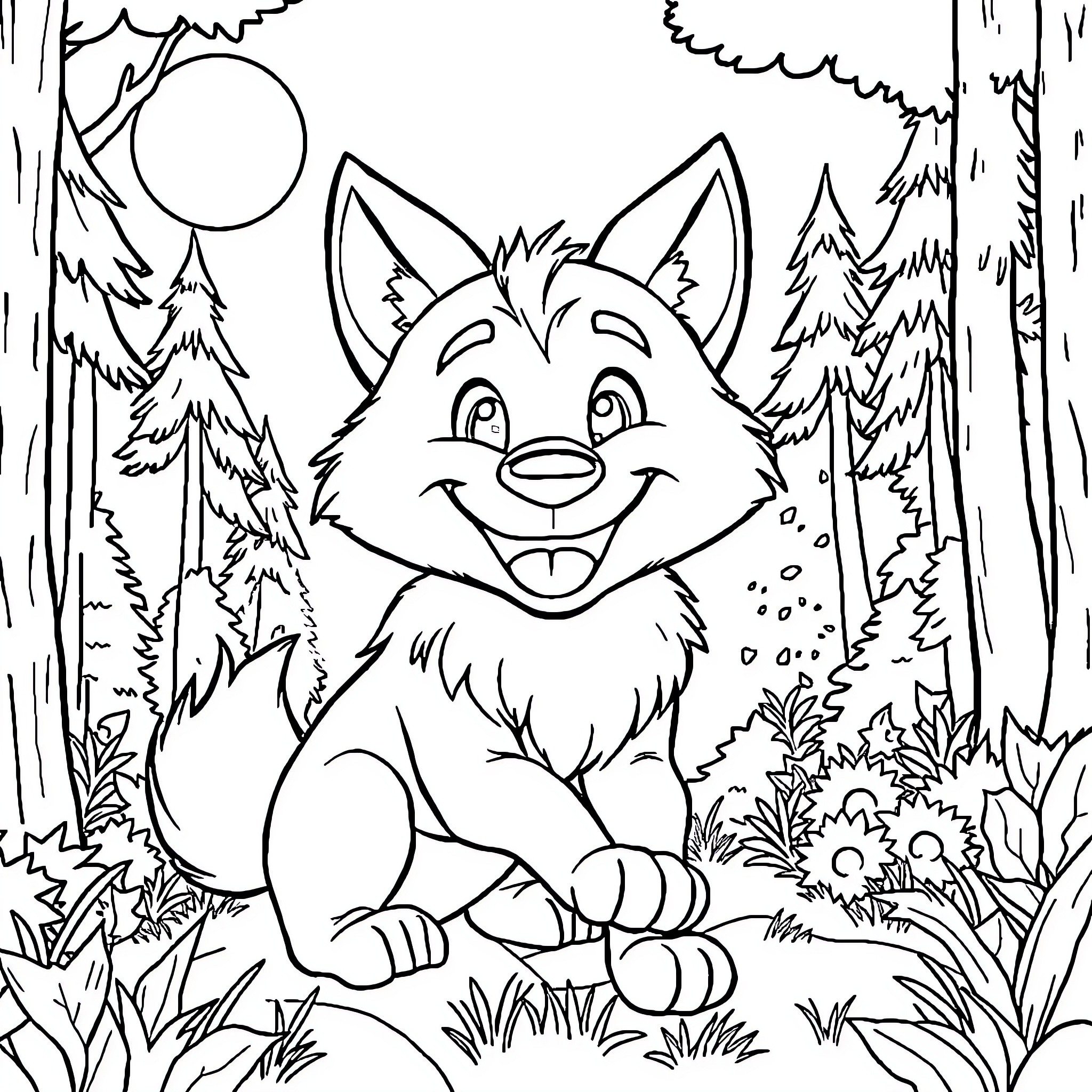 Wolf enjoying the forest scenery Coloring Page (free black-and-white line drawing printable PDF for all, from beginners to advanced learners, including children, teens, adults, and seniors)
