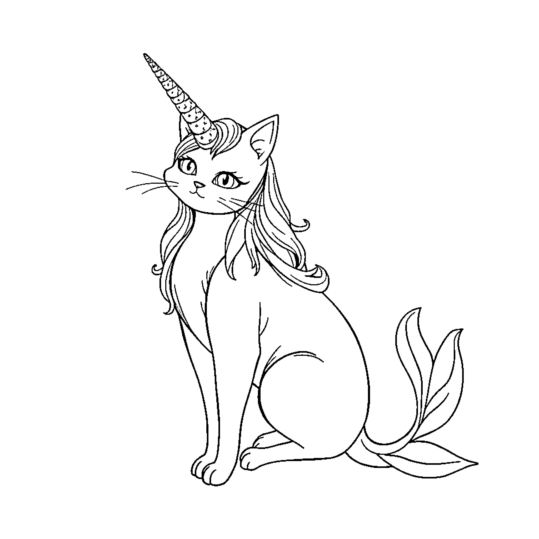 Mermaid Unicorn Cat sitting calmly Coloring Page (free black-and-white line drawing printable PDF for all, from beginners to advanced learners, including children, teens, adults, and seniors)