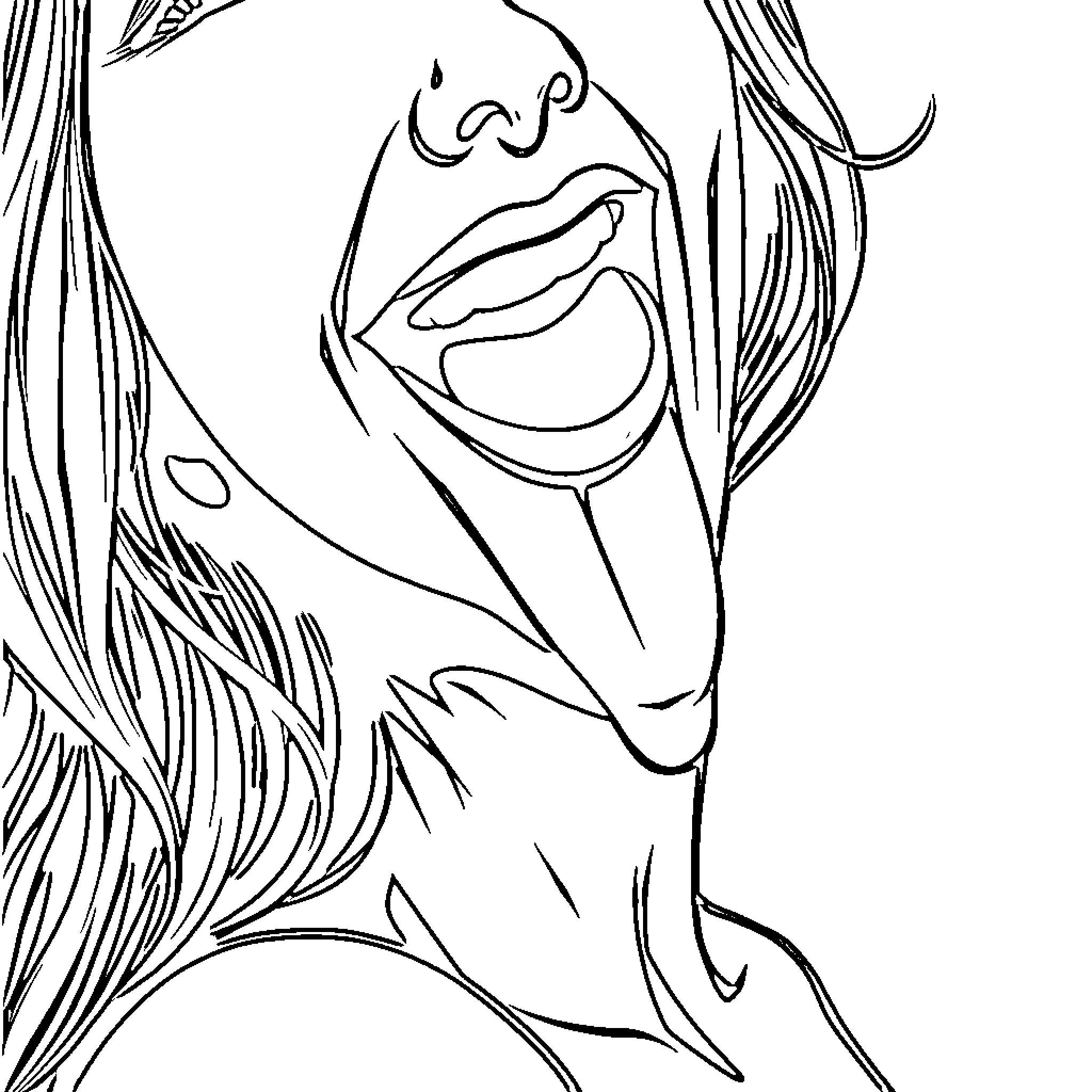 Woman with Expressive Facial Features Coloring Page (free black-and-white line drawing printable PDF for all, from beginners to advanced learners, including children, teens, adults, and seniors)