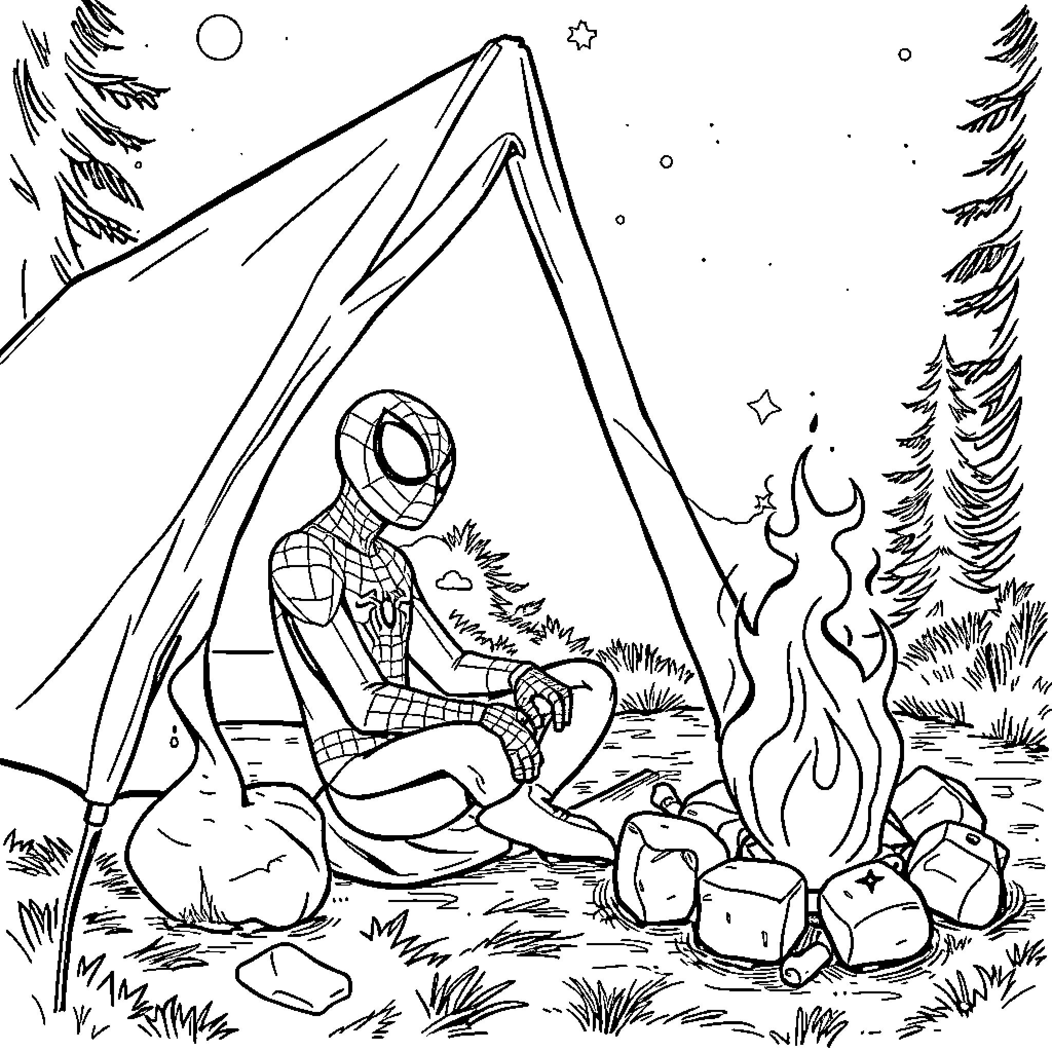 Spiderman camping in the wilderness Coloring Page (free black-and-white line drawing printable PDF for all, from beginners to advanced learners, including children, teens, adults, and seniors)