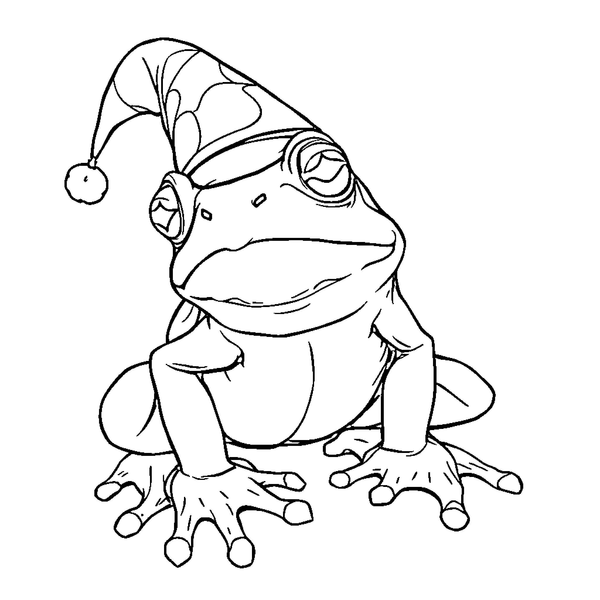 Monsterfrog wearing a silly hat and making a funny face Coloring Page (free black-and-white line drawing printable PDF for all, from beginners to advanced learners, including children, teens, adults, and seniors)