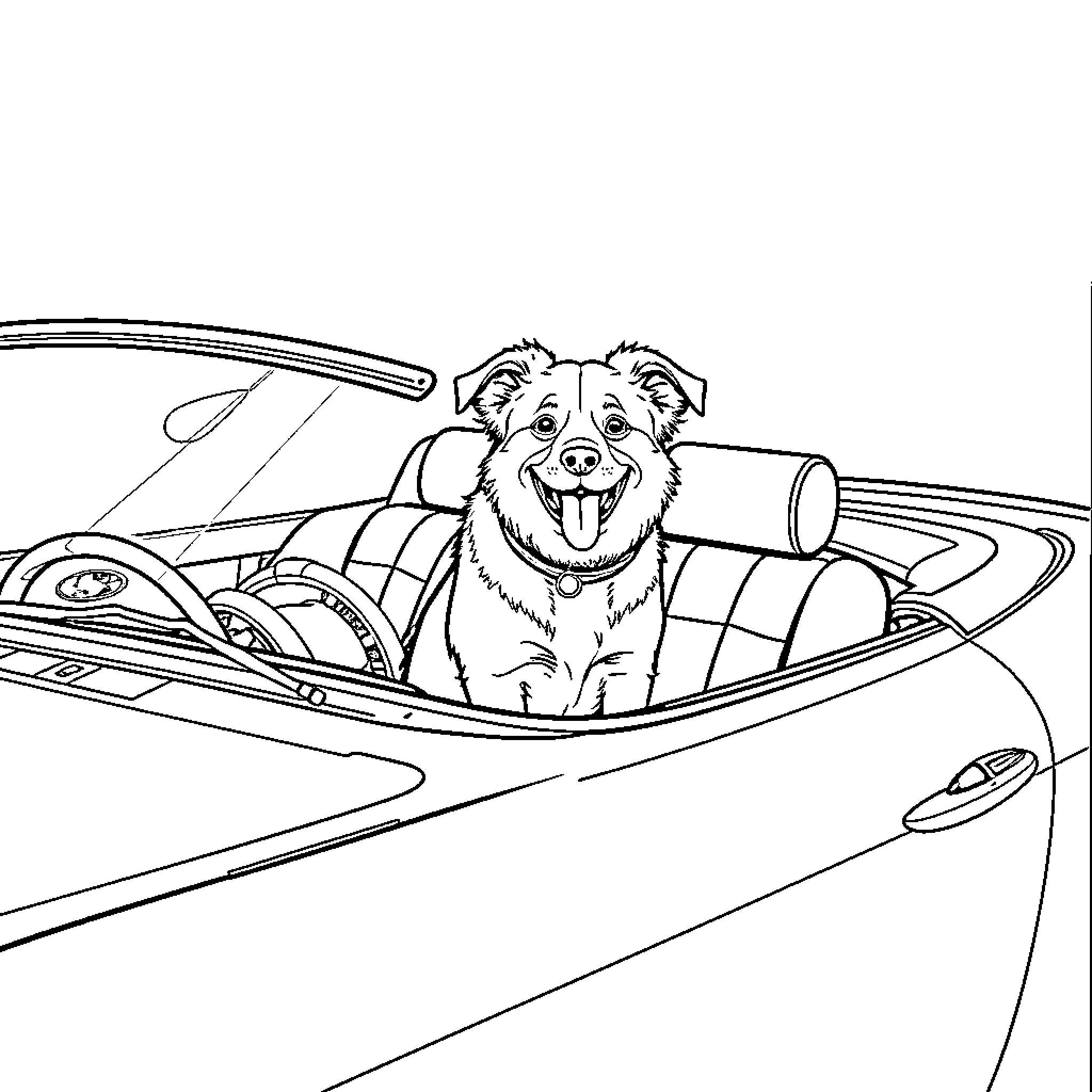 Dog enjoying a ride in the car Coloring Page (free black-and-white line drawing printable PDF for all, from beginners to advanced learners, including children, teens, adults, and seniors)