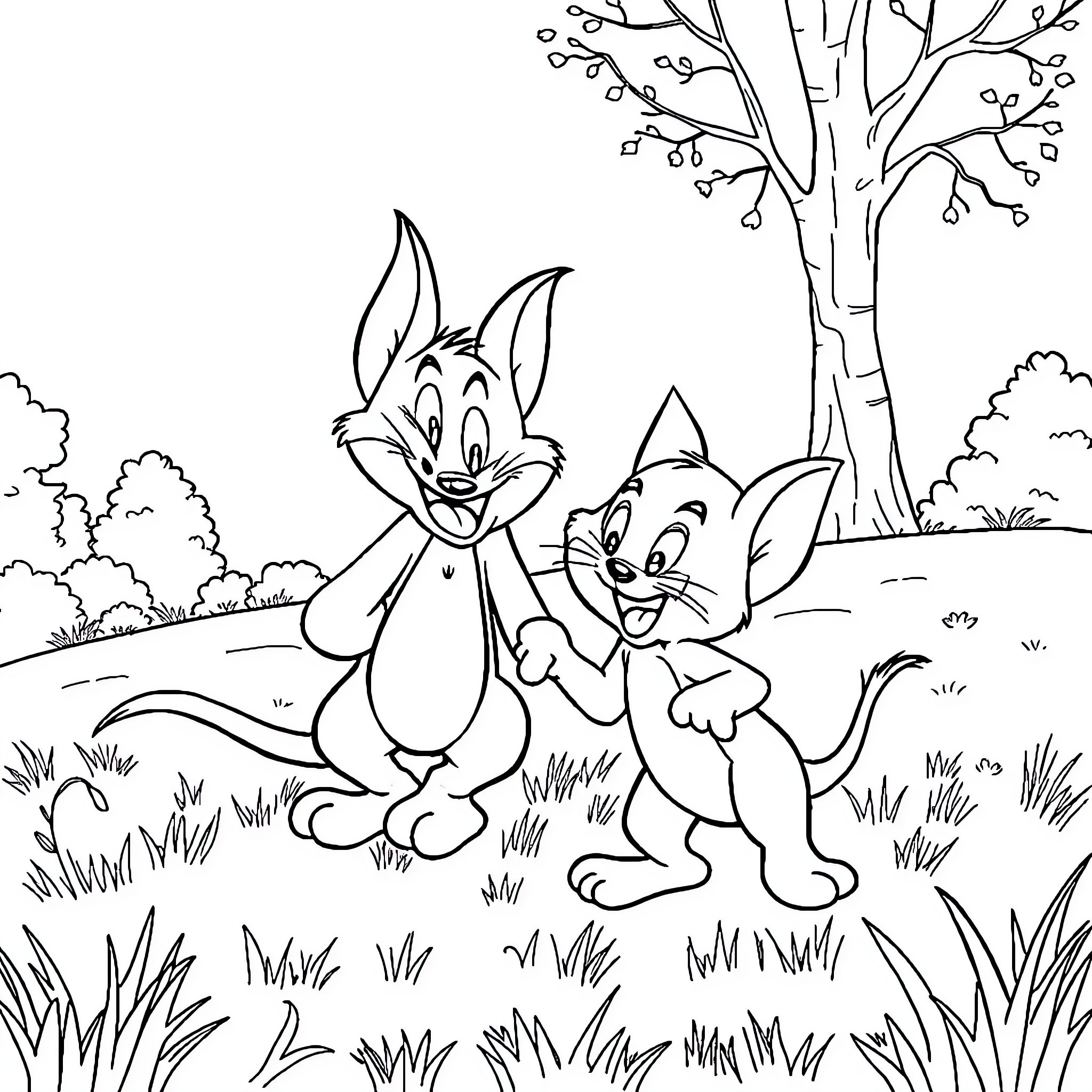 Tom and Jerry chase and play in the park Coloring Page (free black-and-white line drawing printable PDF for all, from beginners to advanced learners, including children, teens, adults, and seniors)