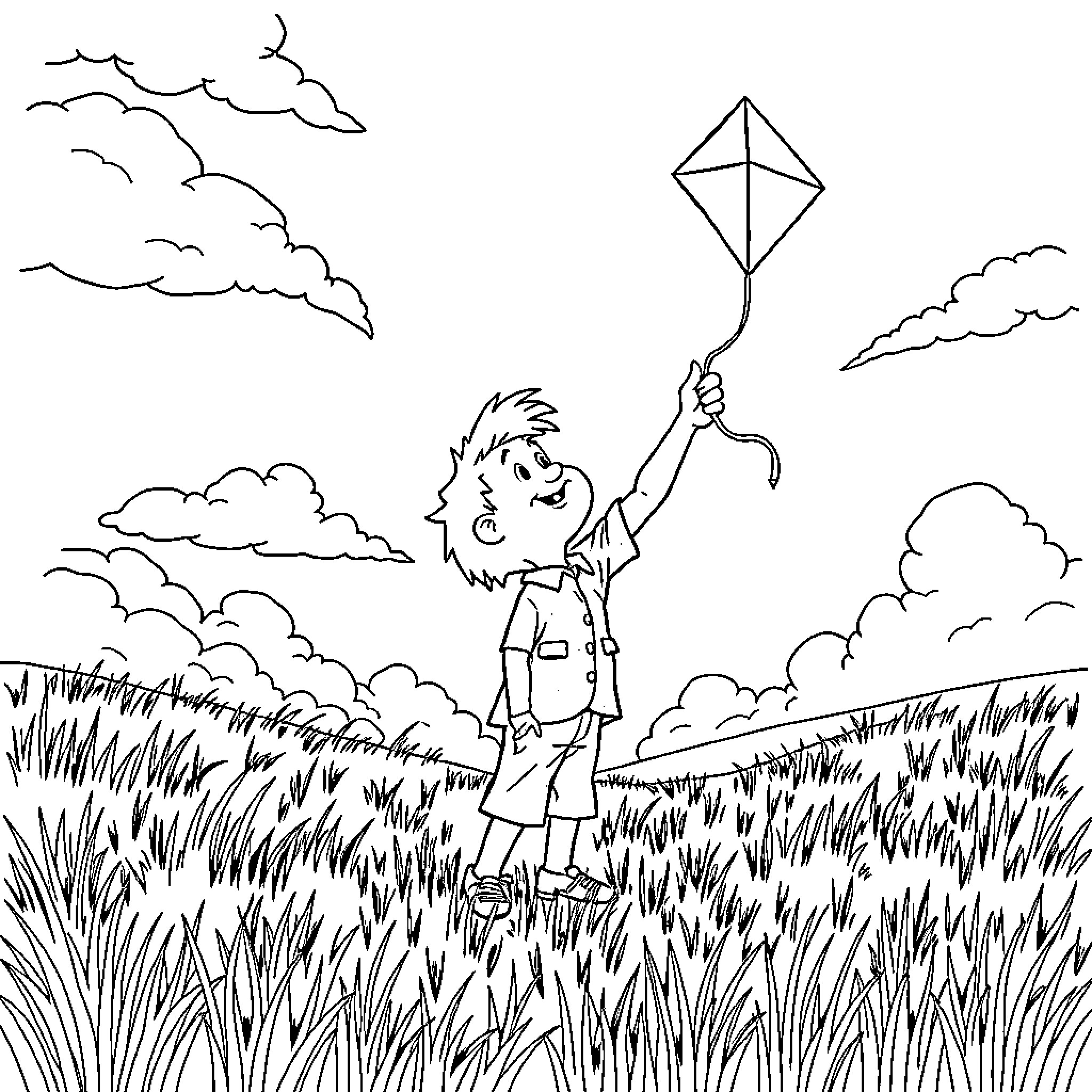 Doc Brown playing with a kite in a grassy field Coloring Page (free black-and-white line drawing printable PDF for all, from beginners to advanced learners, including children, teens, adults, and seniors)