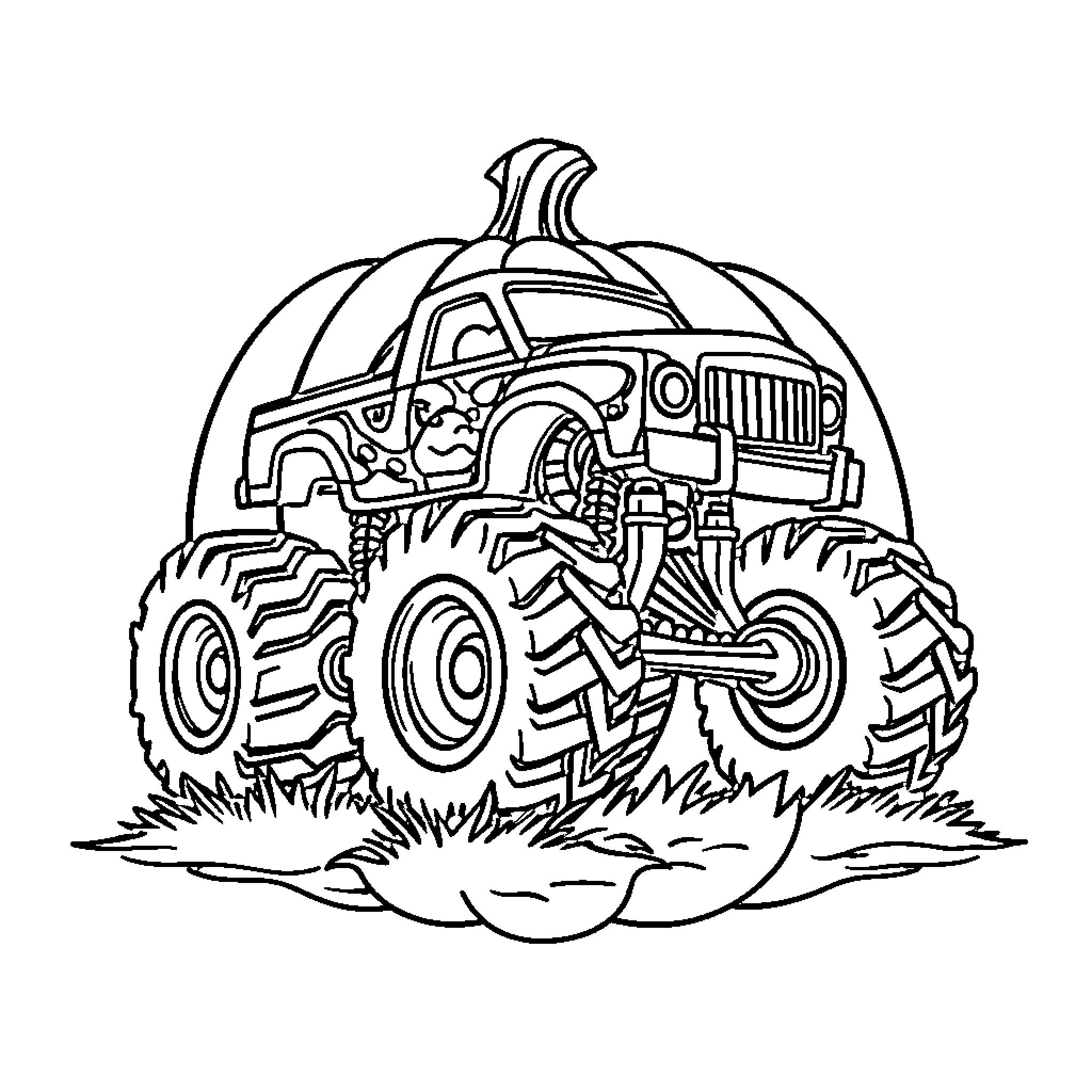 Monster Truck Pumpkin Crushing Adventure Coloring Page (free black-and-white line drawing printable PDF for all, from beginners to advanced learners, including children, teens, adults, and seniors)