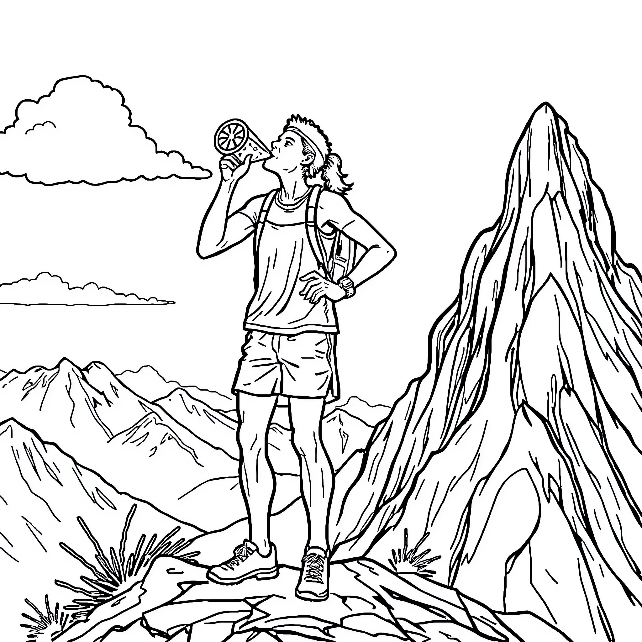 Runner Refreshing on Mountain Trail Coloring Page (free black-and-white line drawing printable PDF for all, from beginners to advanced learners, including children, teens, adults, and seniors)
