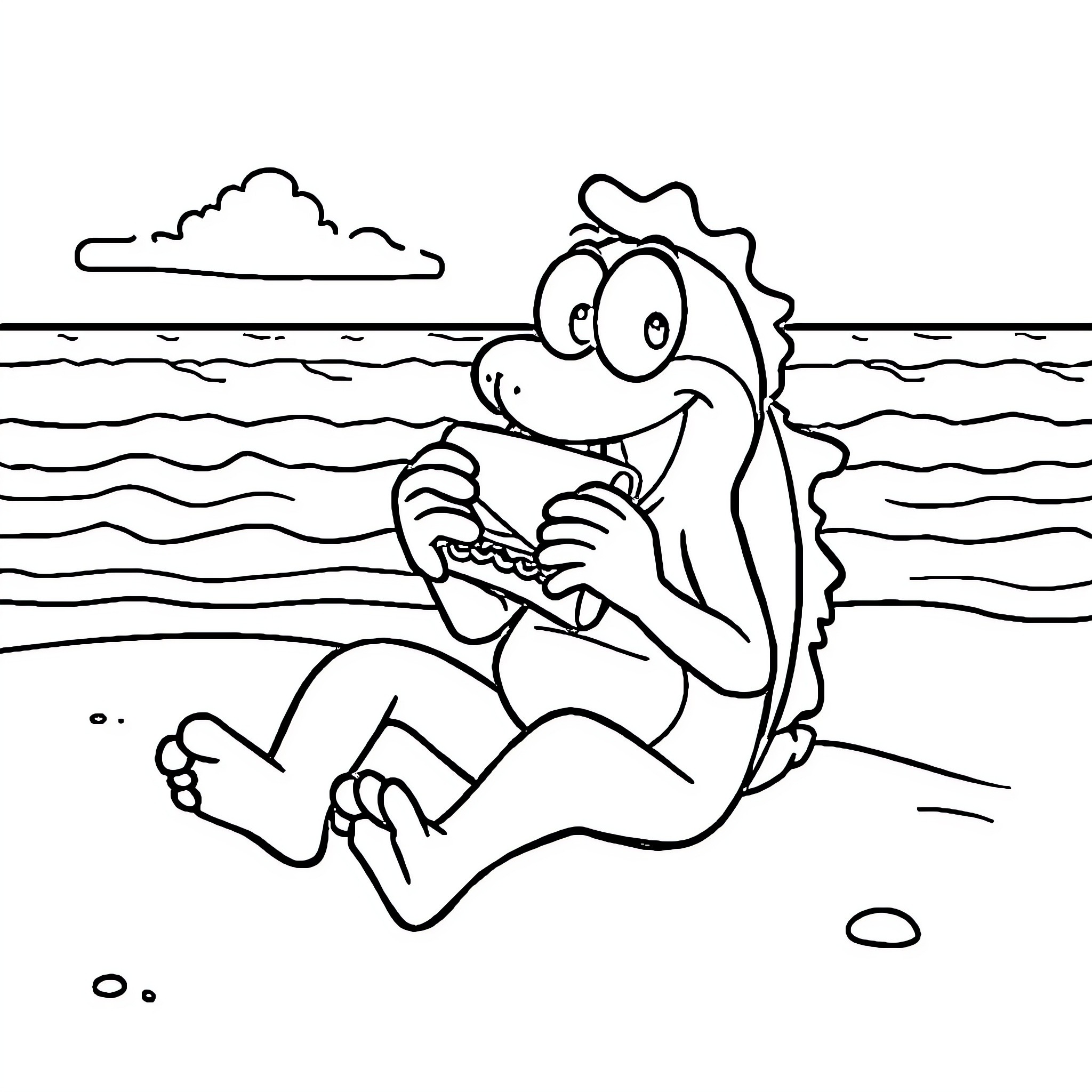 Flork playing joyfully on the beach Coloring Page (free black-and-white line drawing printable PDF for all, from beginners to advanced learners, including children, teens, adults, and seniors)