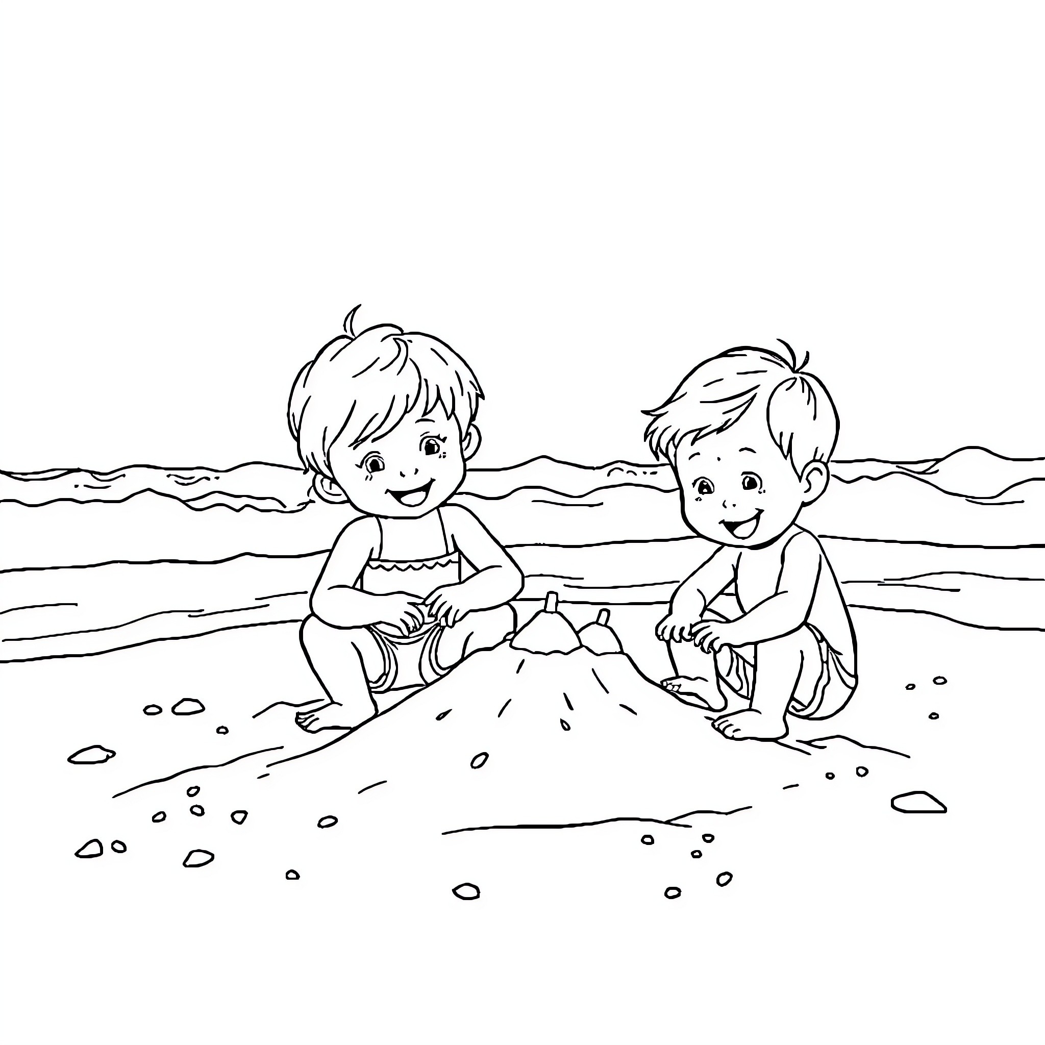 Toddlers playing joyfully on the beach Coloring Page (free black-and-white line drawing printable PDF for all, from beginners to advanced learners, including children, teens, adults, and seniors)