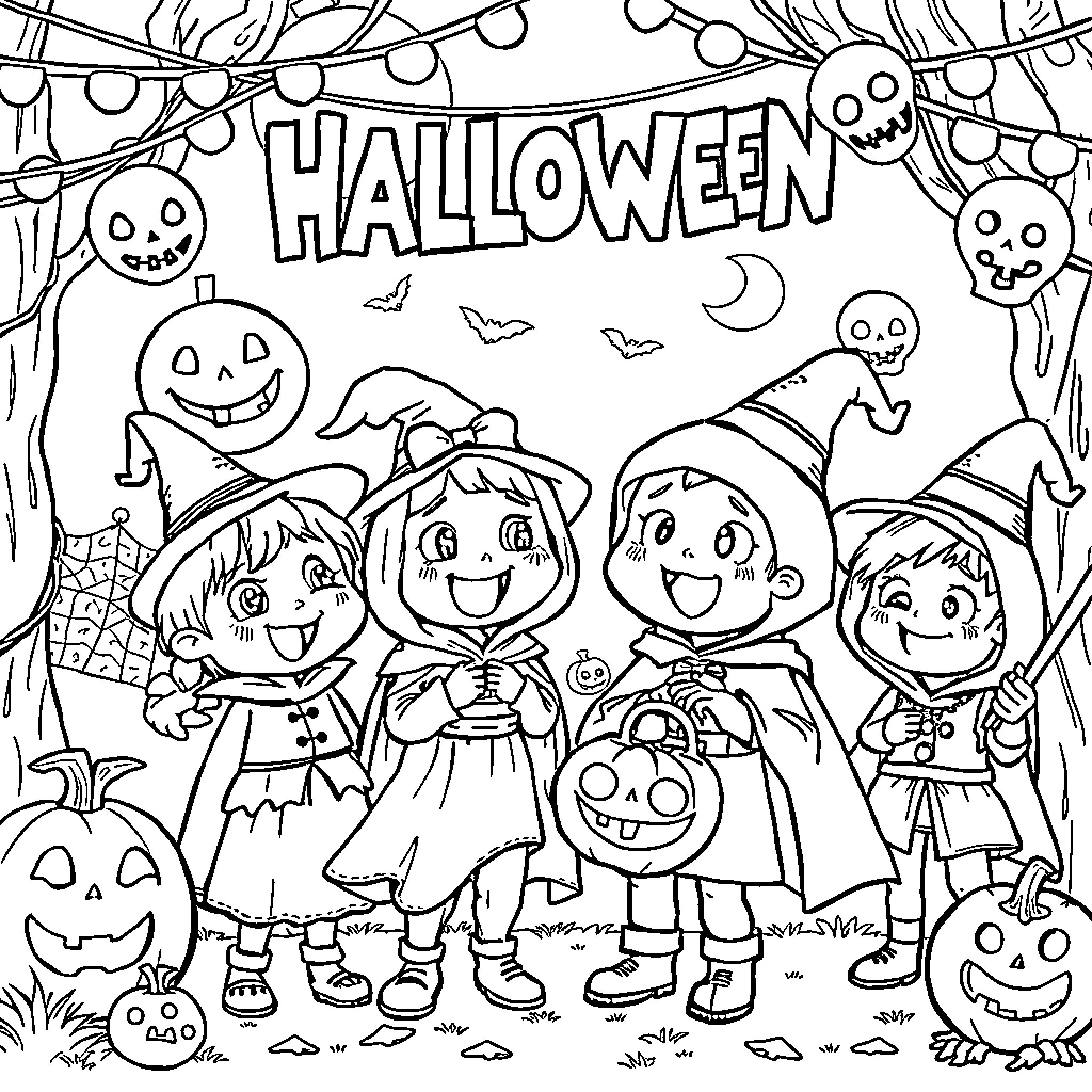 Labubu's Halloween Party Coloring Page (free black-and-white line drawing printable PDF for all, from beginners to advanced learners, including children, teens, adults, and seniors)