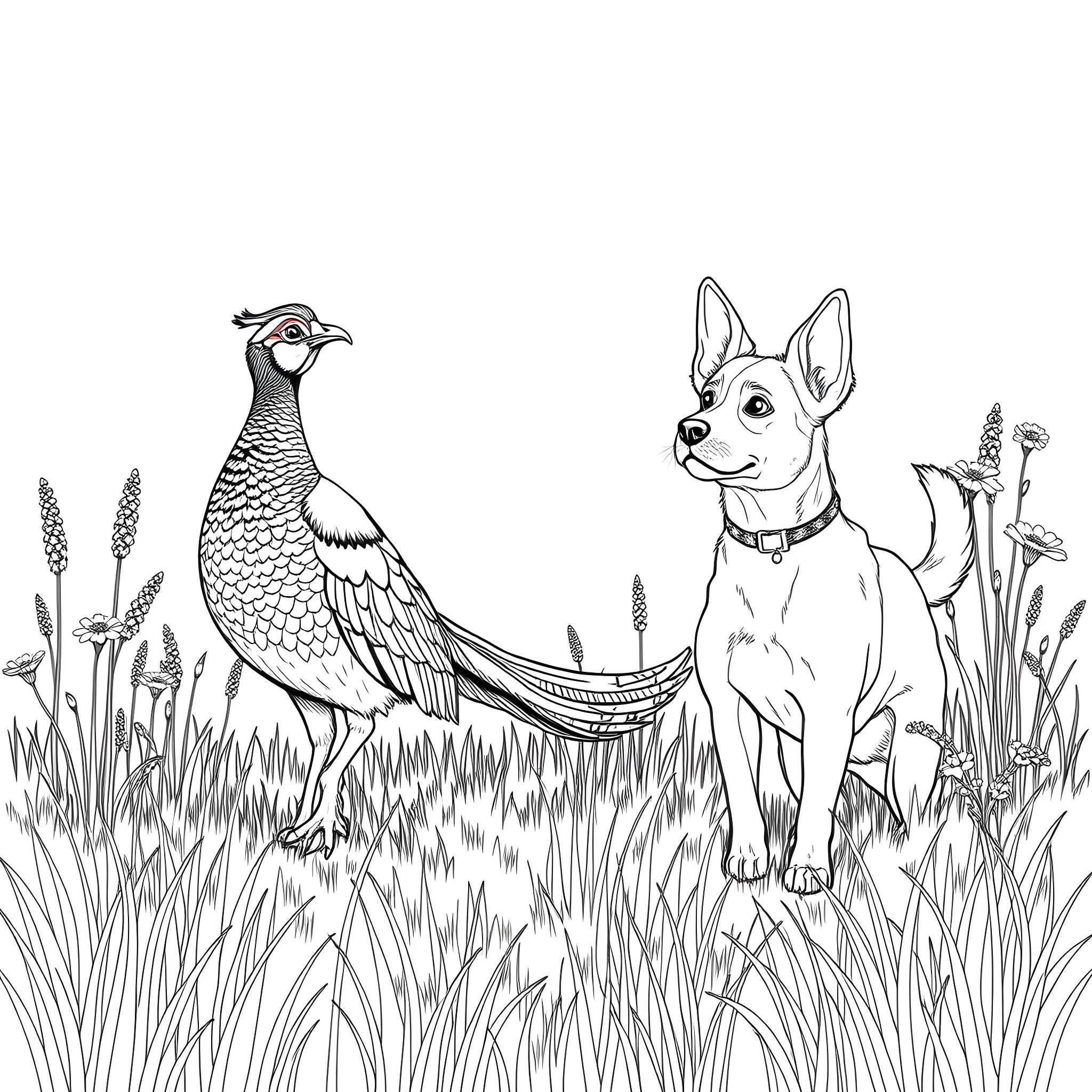 Pheasant and playful dog in grassy field Coloring Page (free black-and-white line drawing printable PDF for all, from beginners to advanced learners, including children, teens, adults, and seniors)