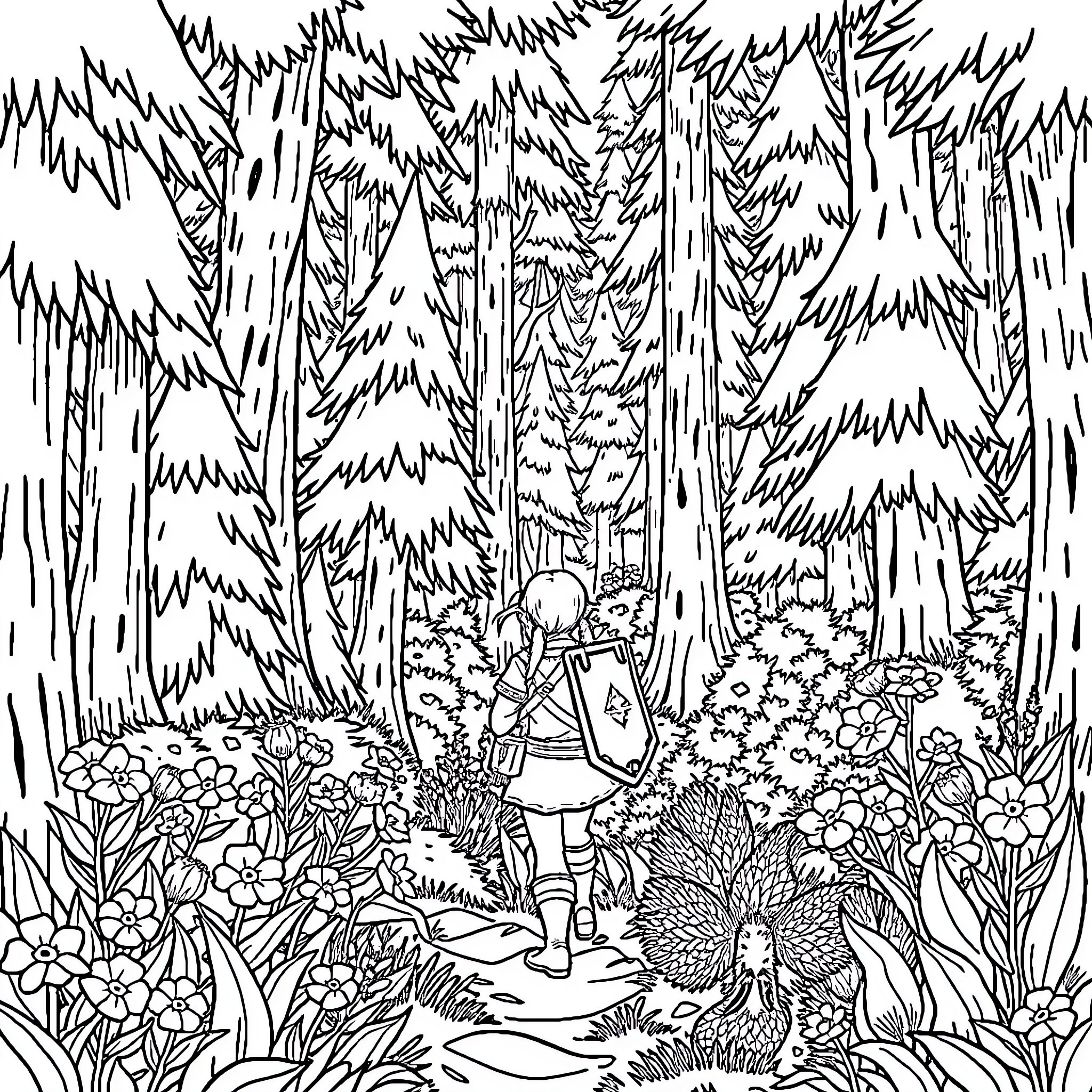 Zelda's Adventure in the Enchanted Forest Coloring Page (free black-and-white line drawing printable PDF for all, from beginners to advanced learners, including children, teens, adults, and seniors)
