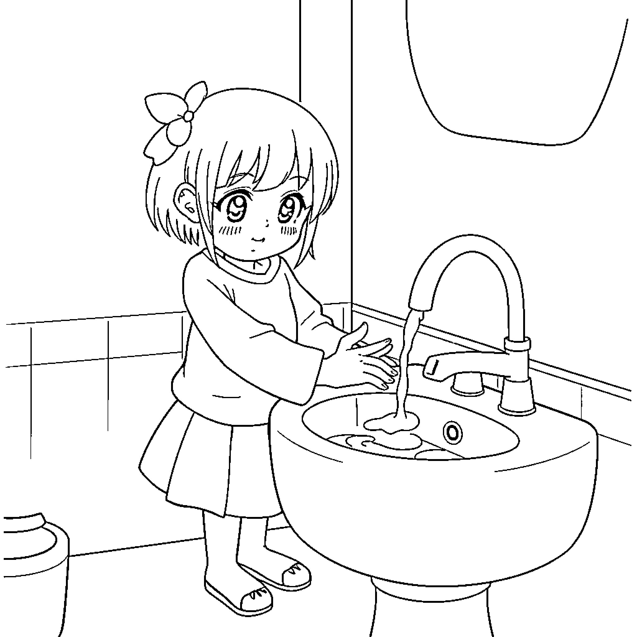 Kuromi washing hands in the bathroom Coloring Page (free black-and-white line drawing printable PDF for all, from beginners to advanced learners, including children, teens, adults, and seniors)