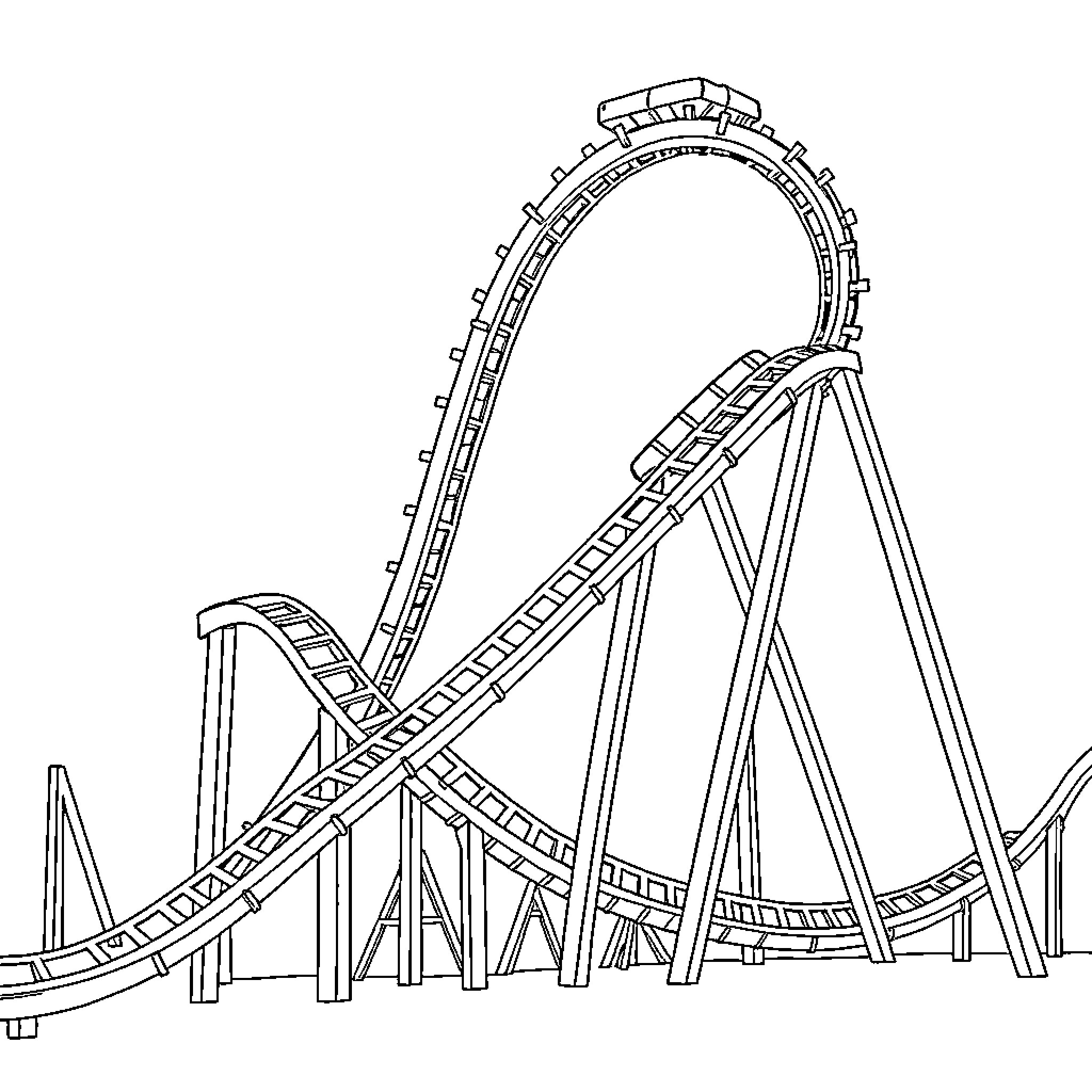 Rollercoaster with thrilling twists and turns Coloring Page (free black-and-white line drawing printable PDF for all, from beginners to advanced learners, including children, teens, adults, and seniors)