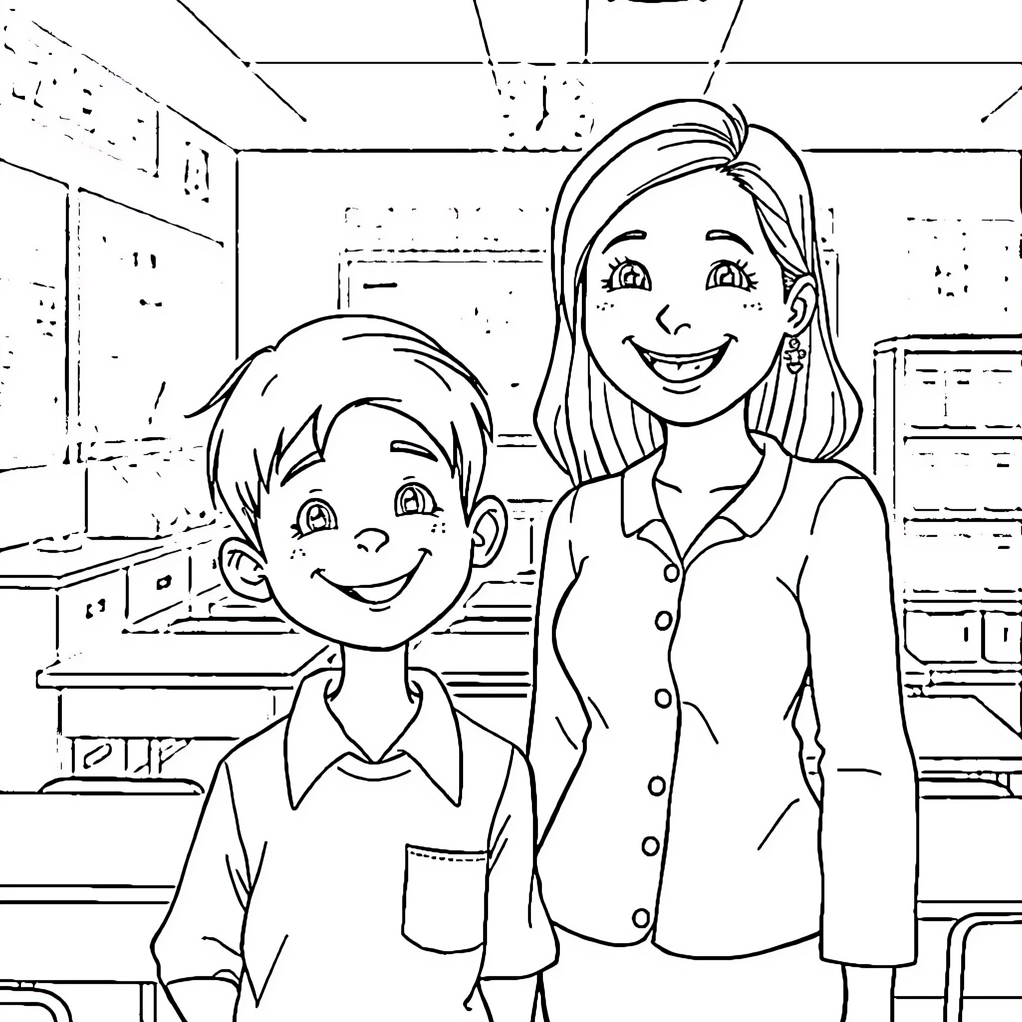 Student and teacher smiling in classroom Coloring Page (free black-and-white line drawing printable PDF for all, from beginners to advanced learners, including children, teens, adults, and seniors)
