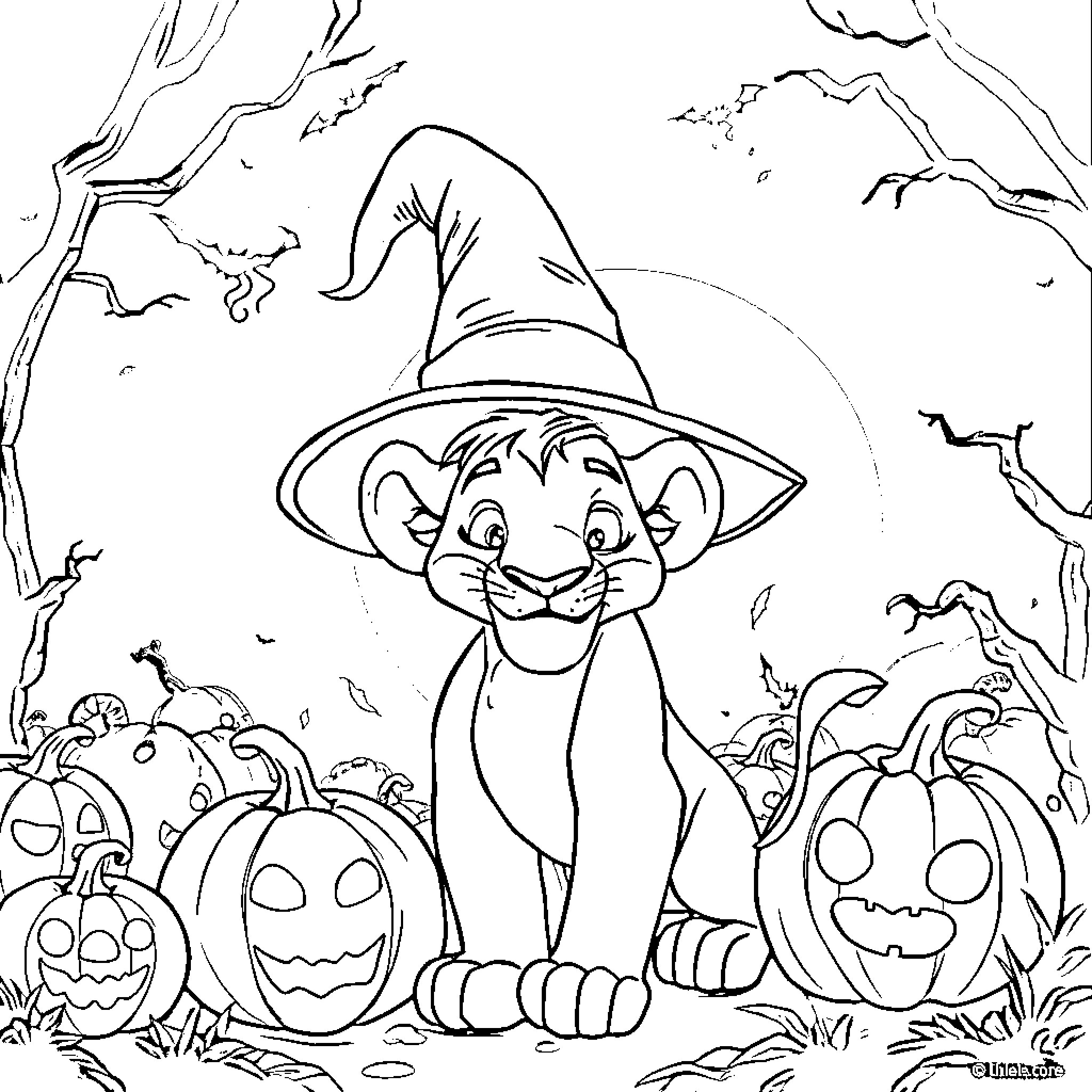Simba the witch in a spooky Halloween scene Coloring Page (free black-and-white line drawing printable PDF for all, from beginners to advanced learners, including children, teens, adults, and seniors)