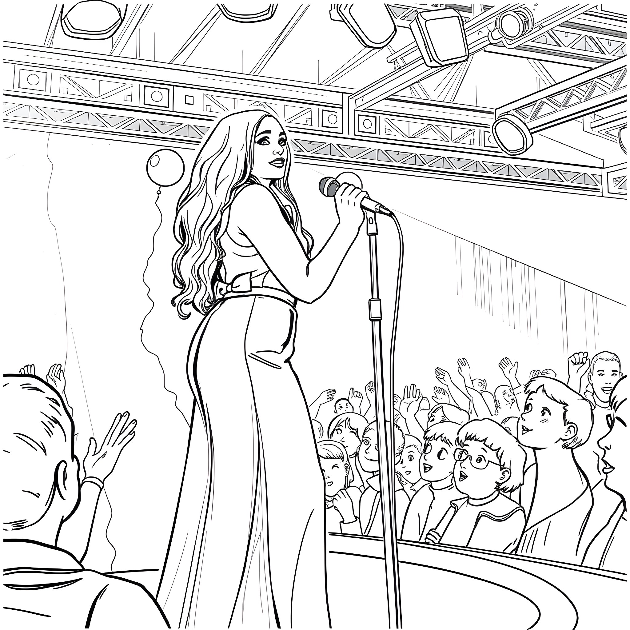 Sabrina Carpenter performing on stage with crowd Coloring Page (free black-and-white line drawing printable PDF for all, from beginners to advanced learners, including children, teens, adults, and seniors)