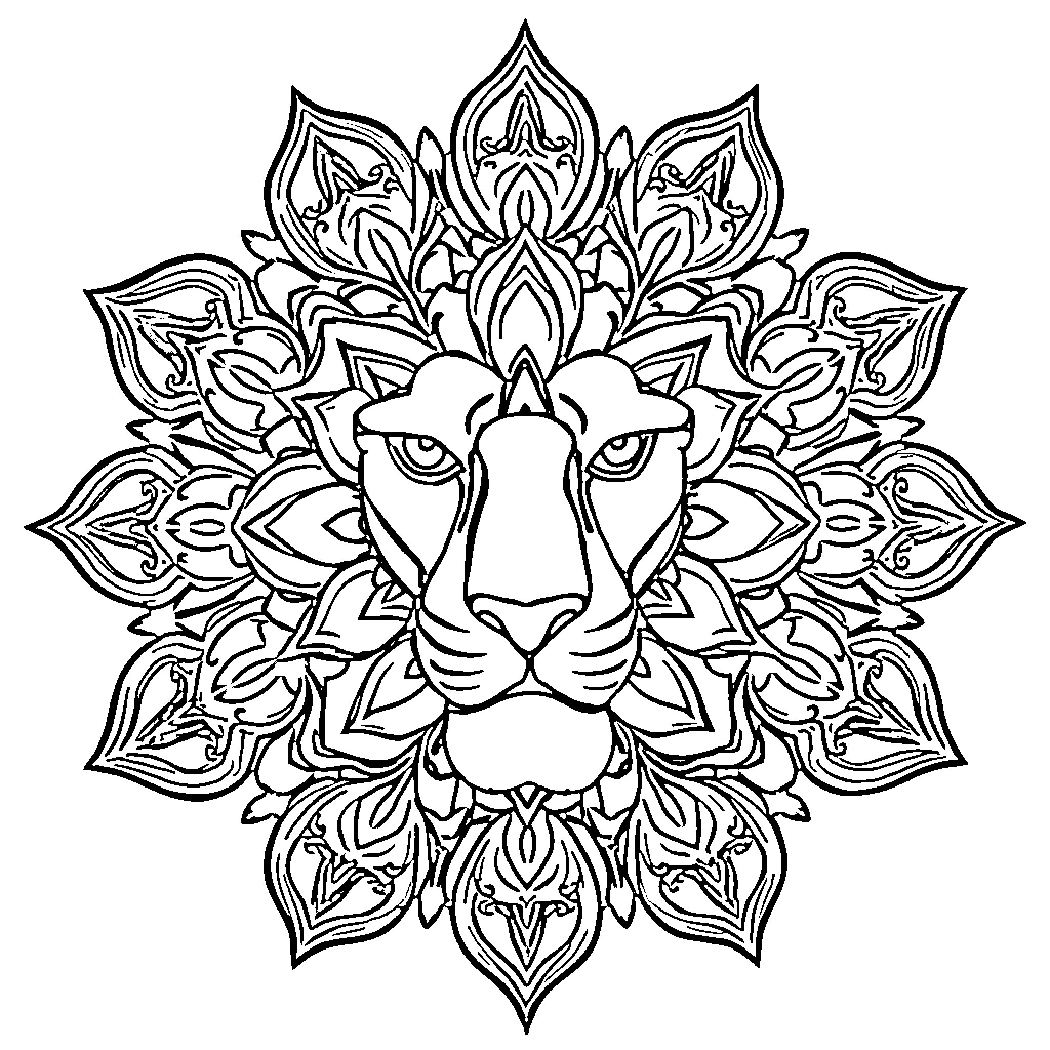 Lionhead mandala with intricate floral patterns Coloring Page (free black-and-white line drawing printable PDF for all, from beginners to advanced learners, including children, teens, adults, and seniors)