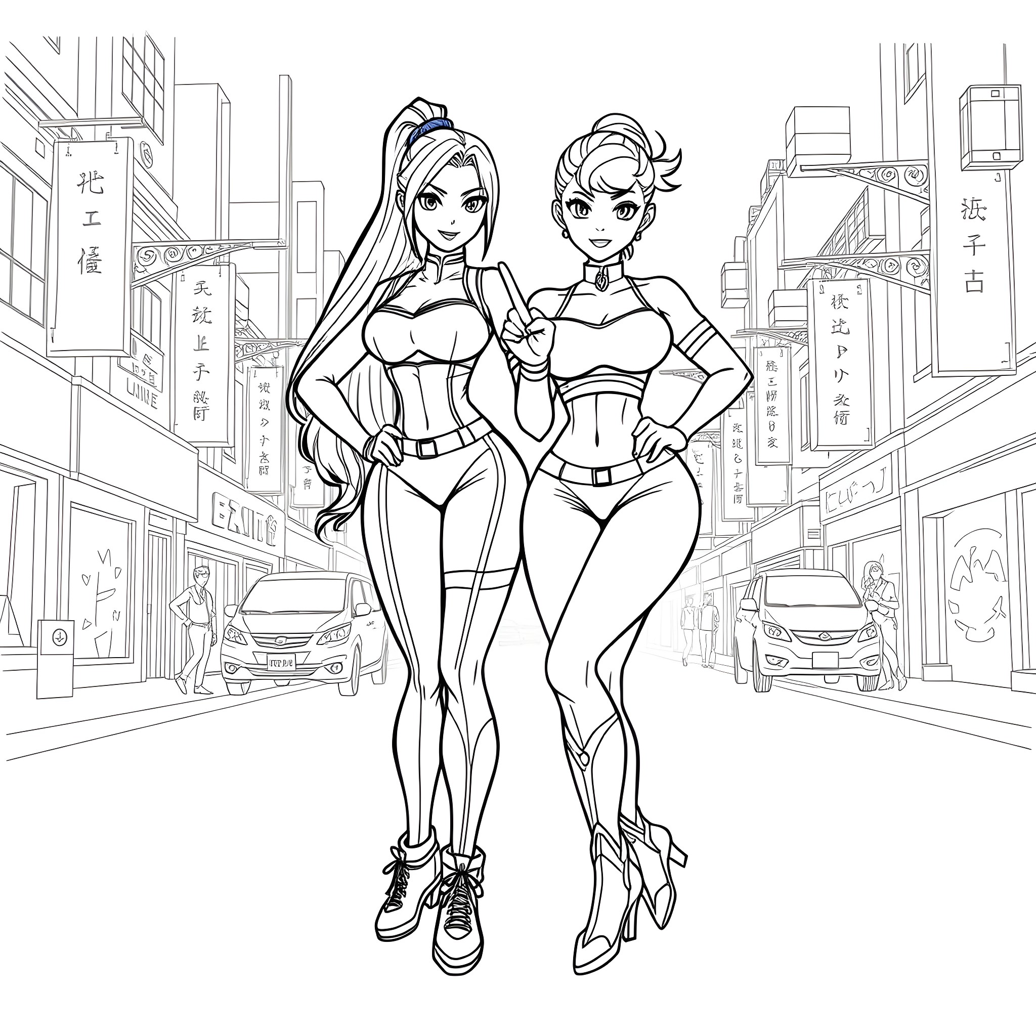 Chun Li and Friend Posing in the City Coloring Page (free black-and-white line drawing printable PDF for all, from beginners to advanced learners, including children, teens, adults, and seniors)