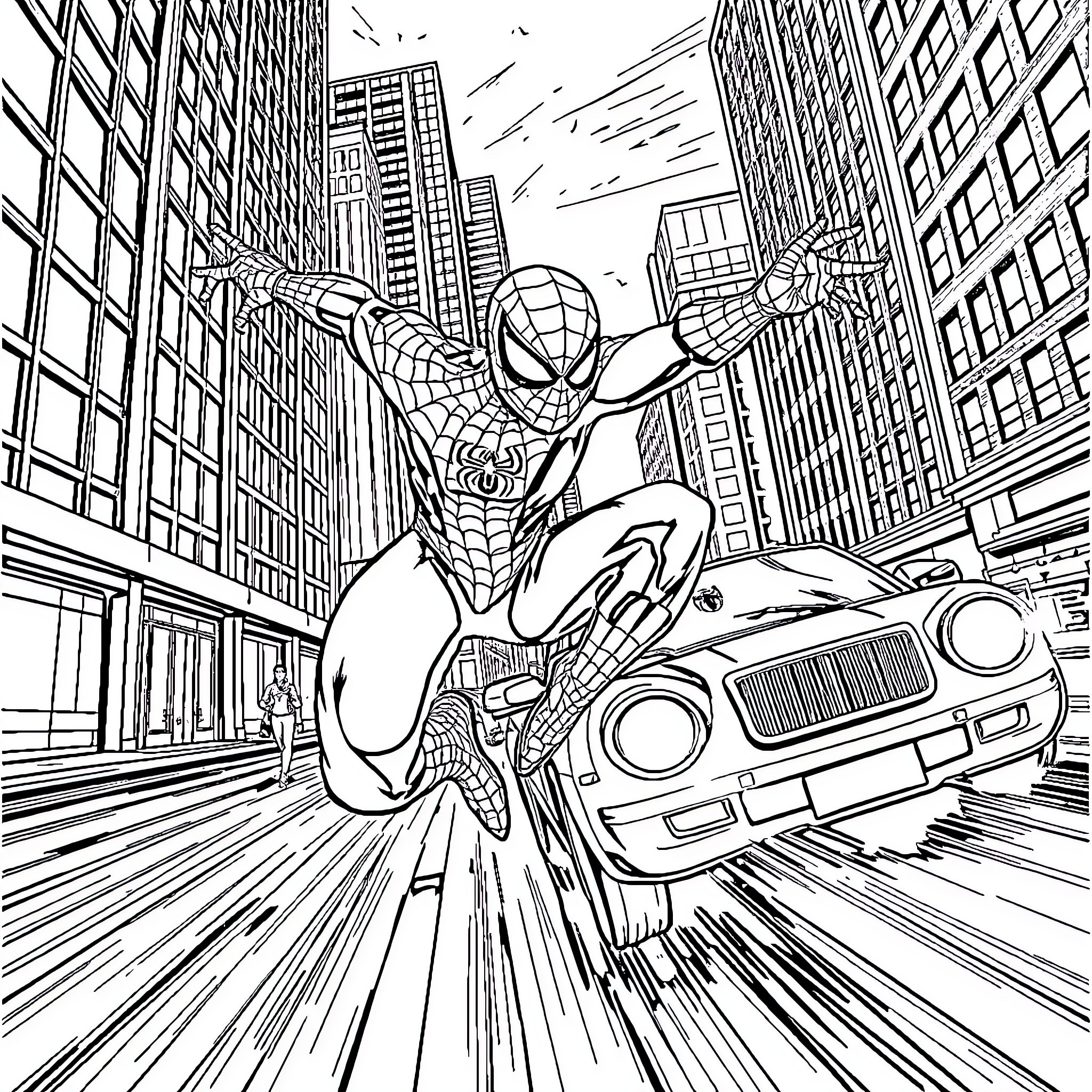 Spider-Man swinging through a city skyline Coloring Page (free black-and-white line drawing printable PDF for all, from beginners to advanced learners, including children, teens, adults, and seniors)