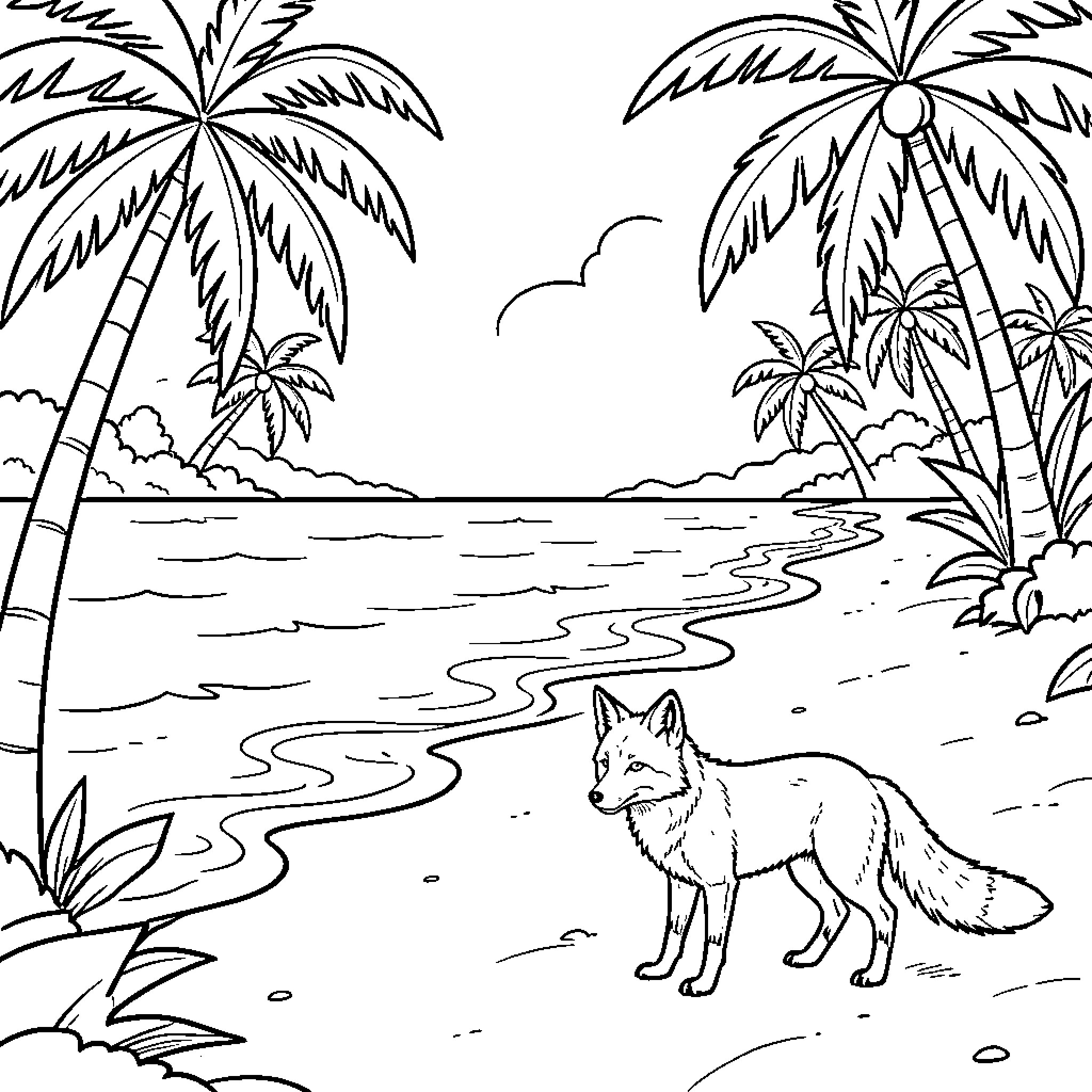 Fox standing calmly on a tropical beach Coloring Page (free black-and-white line drawing printable PDF for all, from beginners to advanced learners, including children, teens, adults, and seniors)
