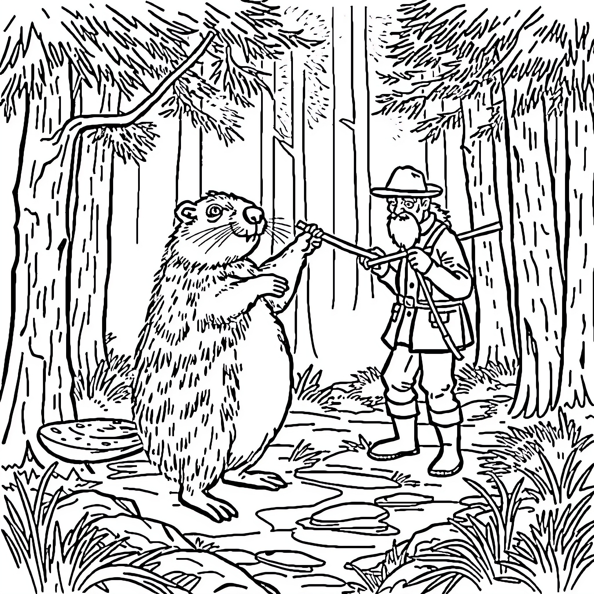Beaver interacting with a forest ranger Coloring Page (free black-and-white line drawing printable PDF for all, from beginners to advanced learners, including children, teens, adults, and seniors)