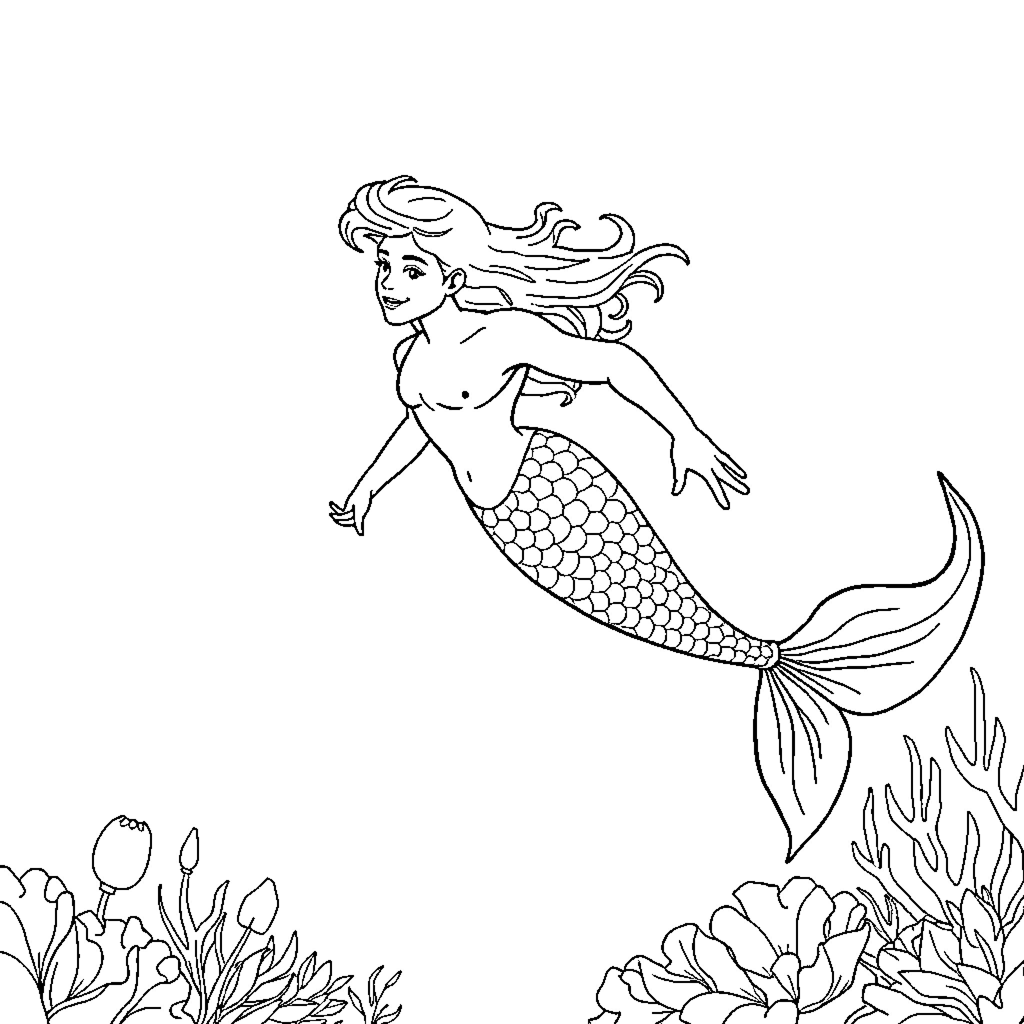 Merman swimming gracefully through the ocean Coloring Page (free black-and-white line drawing printable PDF for all, from beginners to advanced learners, including children, teens, adults, and seniors)