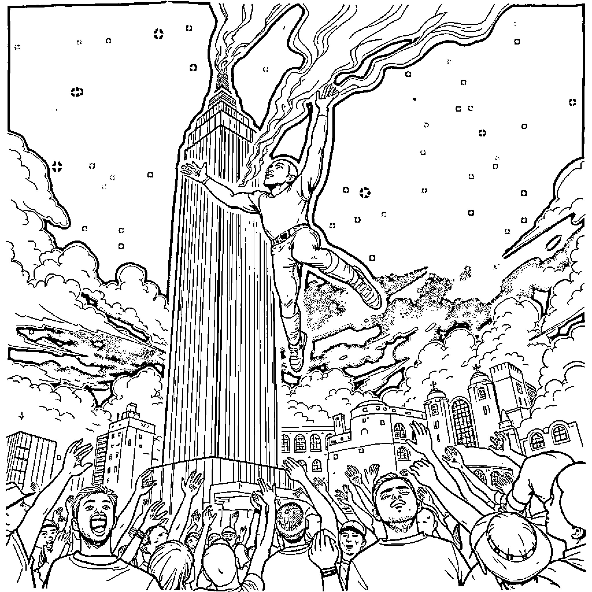 Jeff Hardy scaling the Empire State Building with a crowd below Coloring Page (free black-and-white line drawing printable PDF for all, from beginners to advanced learners, including children, teens, adults, and seniors)