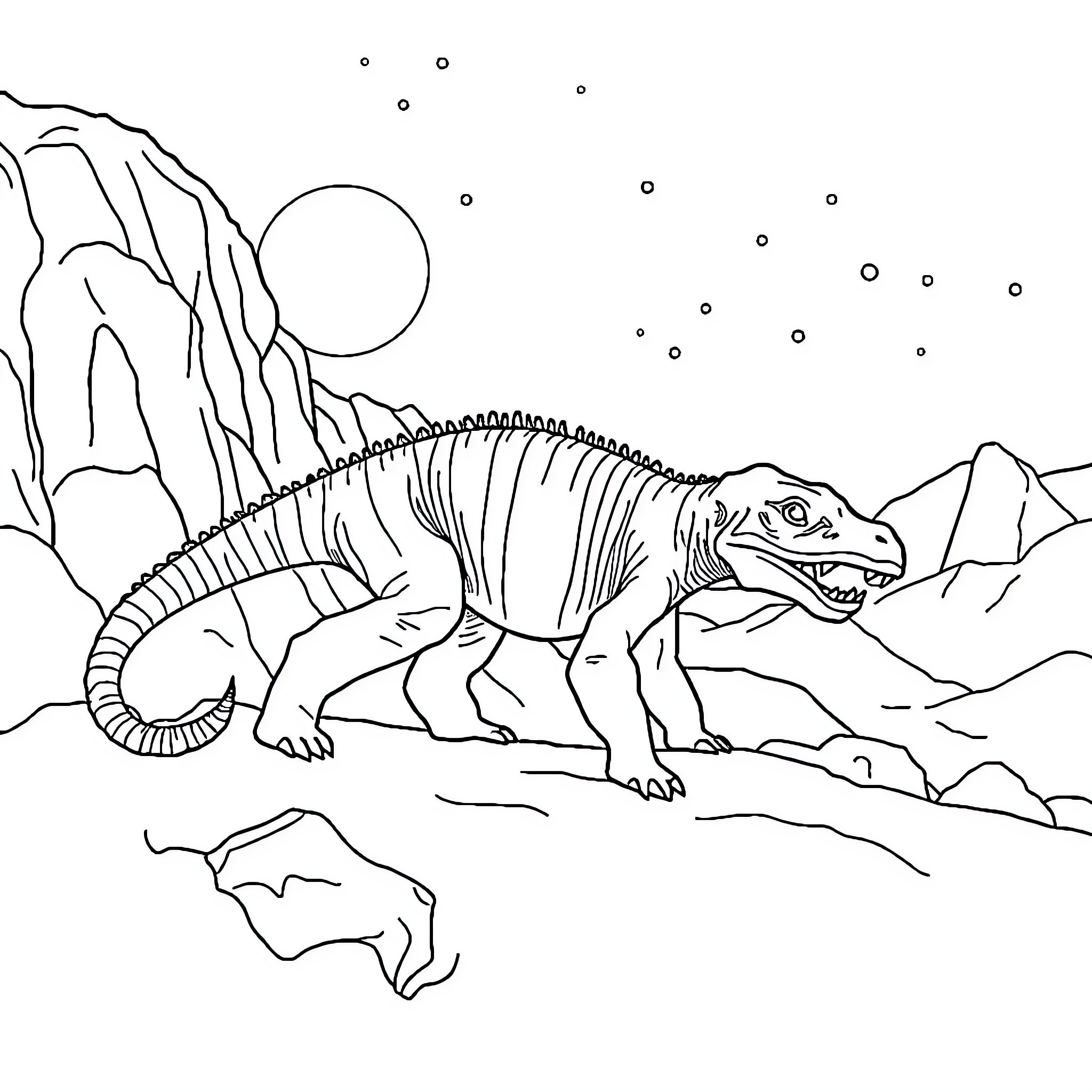 Precambrian Prehistoric Reptile in Alien Landscape Coloring Page (free black-and-white line drawing printable PDF for all, from beginners to advanced learners, including children, teens, adults, and seniors)