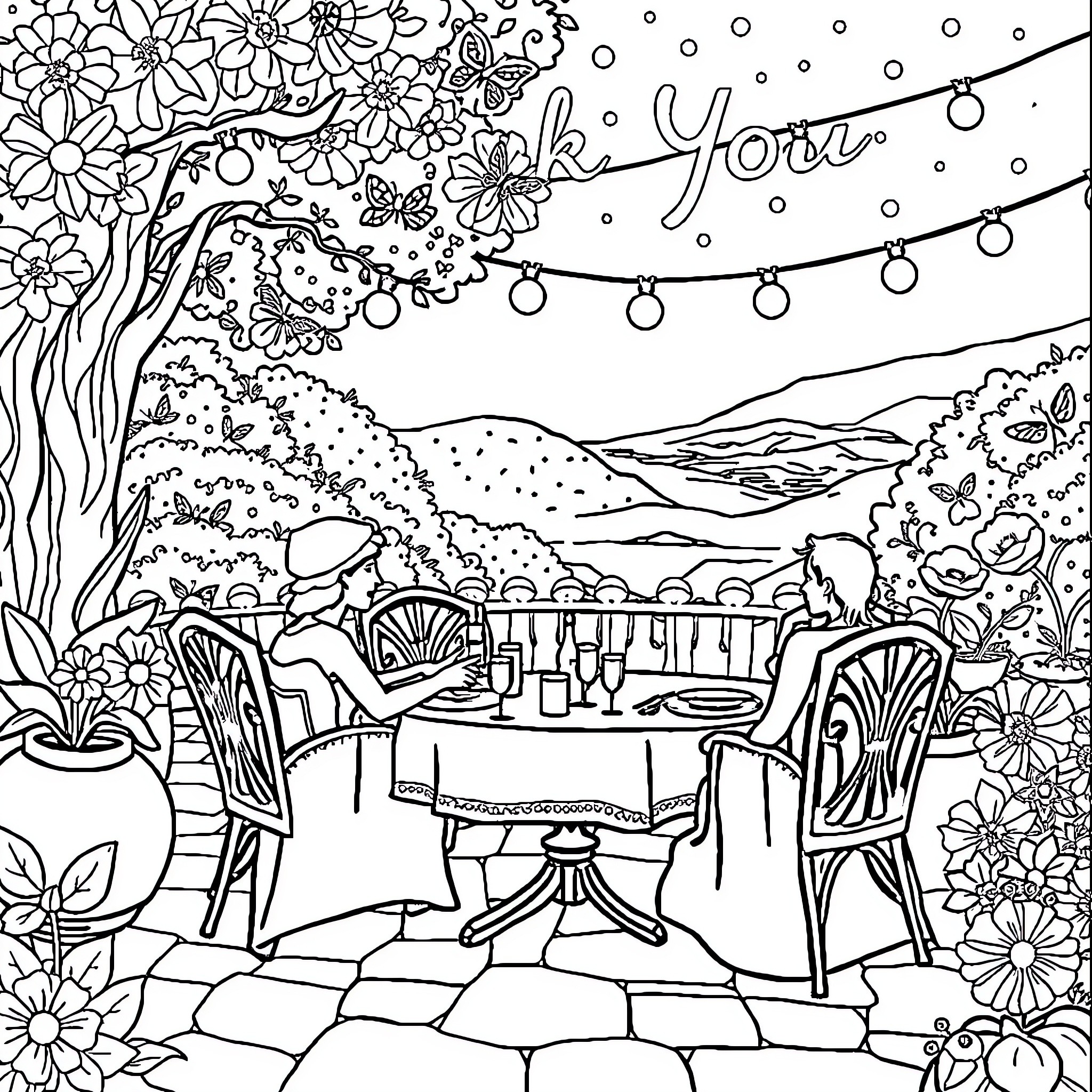 Card of Outdoor Dining Scene with Floral Decor Coloring Page (free black-and-white line drawing printable PDF for all, from beginners to advanced learners, including children, teens, adults, and seniors)