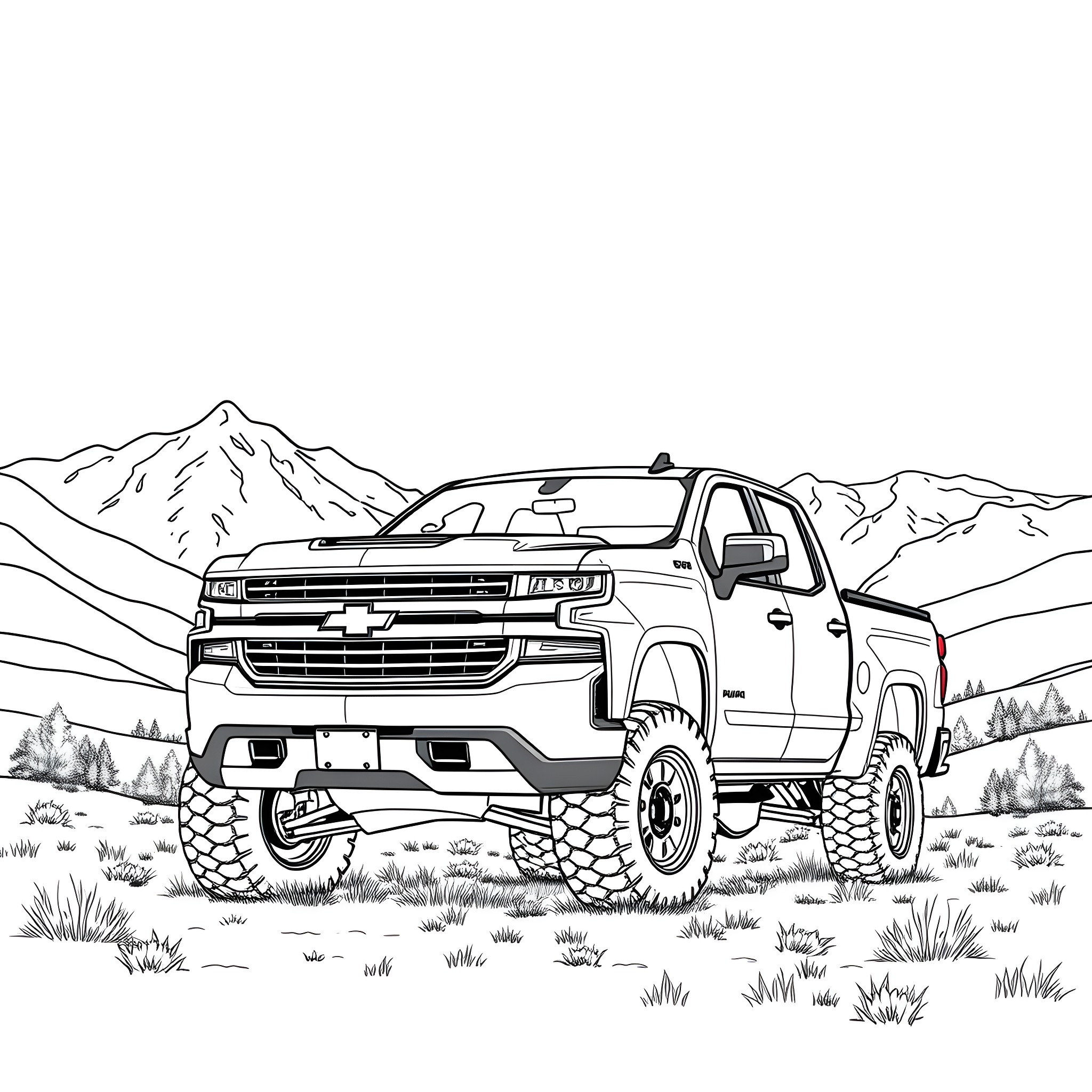 Chevrolet Silverado off-road adventure in rugged terrain Coloring Page (free black-and-white line drawing printable PDF for all, from beginners to advanced learners, including children, teens, adults, and seniors)