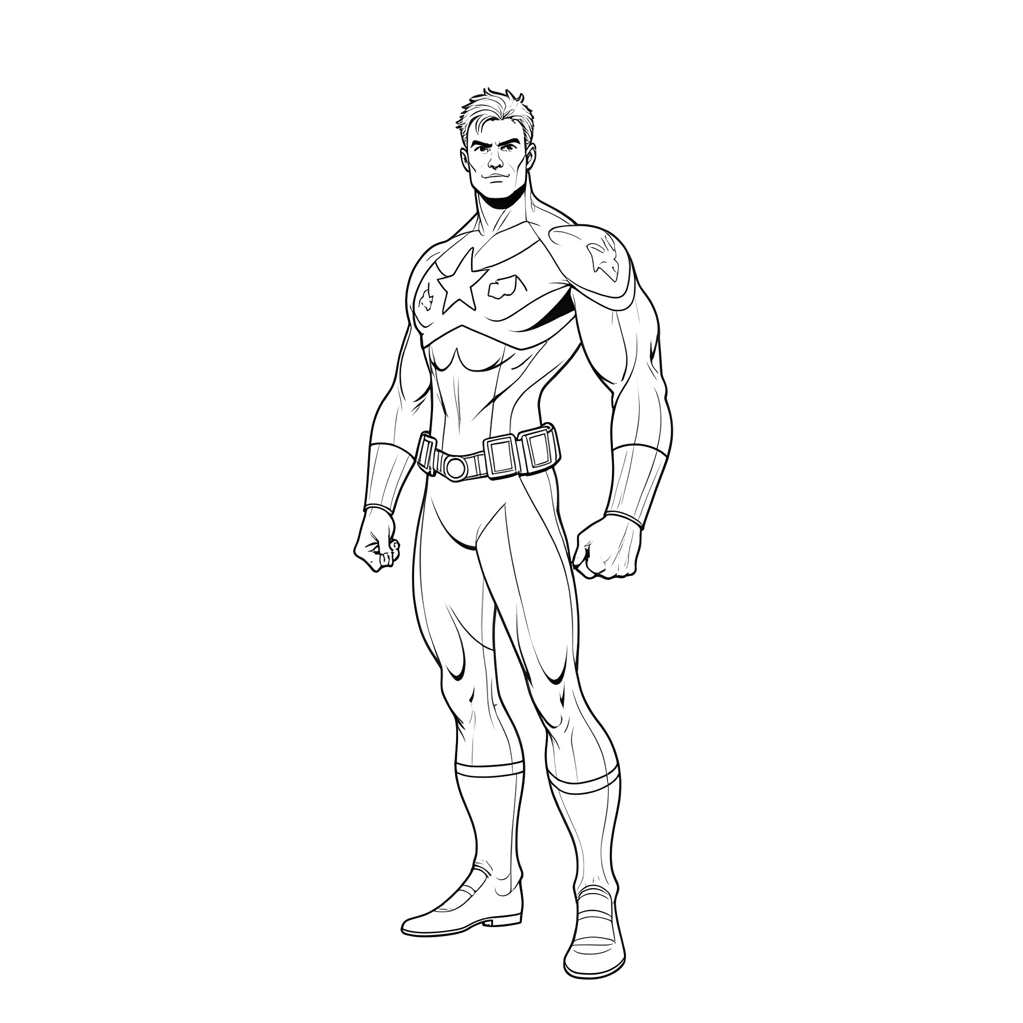 Captain USA in heroic stance with star-spangled outfit Coloring Page (free black-and-white line drawing printable PDF for all, from beginners to advanced learners, including children, teens, adults, and seniors)