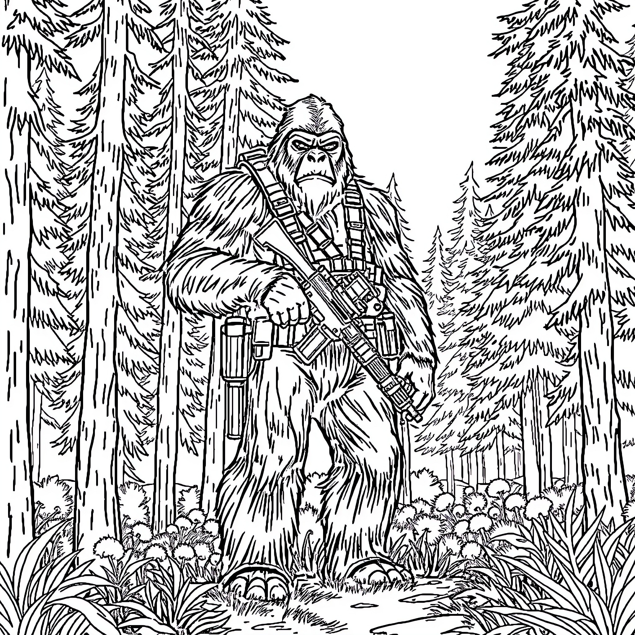 Bigfoot exploring the enchanted forest Coloring Page (free black-and-white line drawing printable PDF for all, from beginners to advanced learners, including children, teens, adults, and seniors)