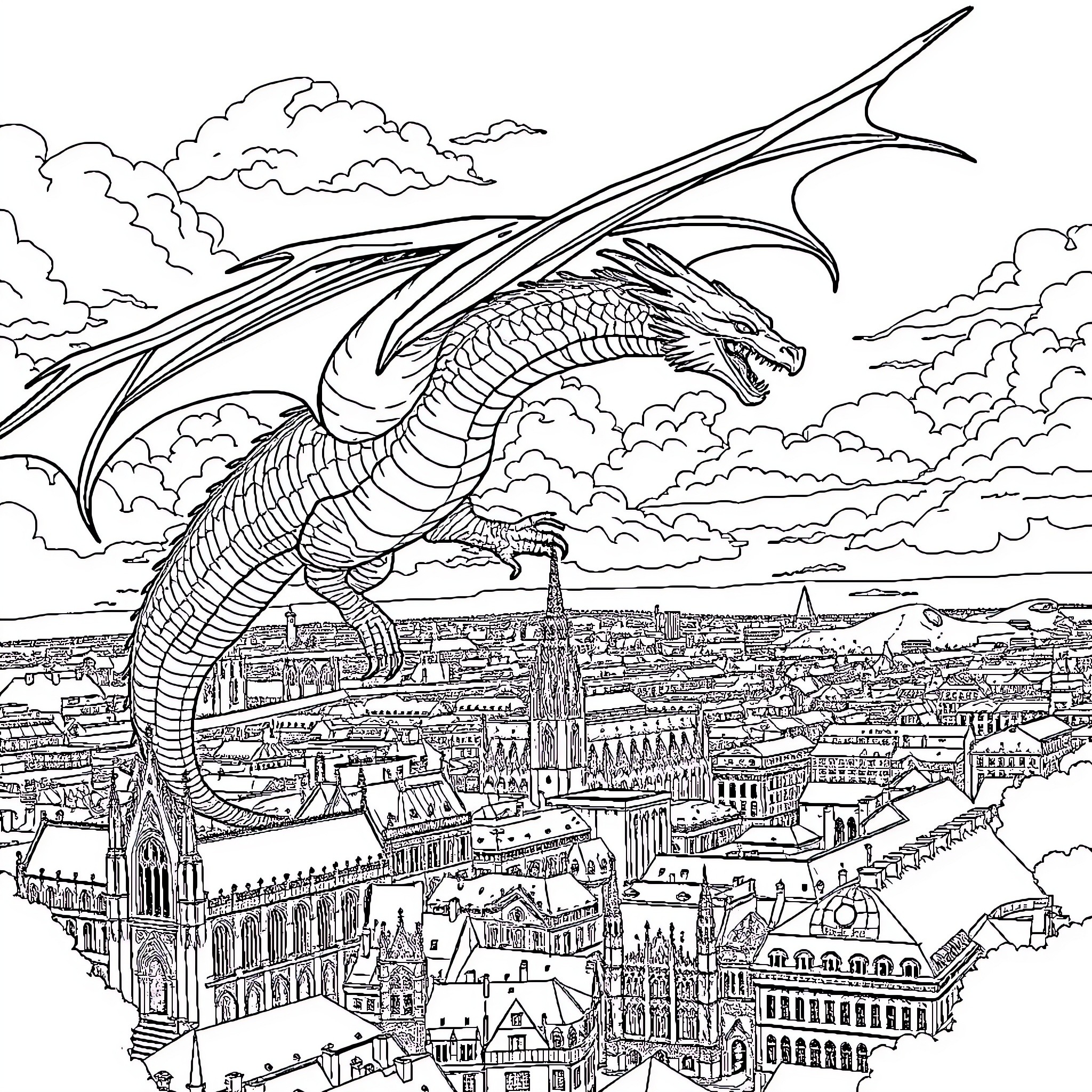 Dragon soaring over a detailed fantasy city Coloring Page (free black-and-white line drawing printable PDF for all, from beginners to advanced learners, including children, teens, adults, and seniors)