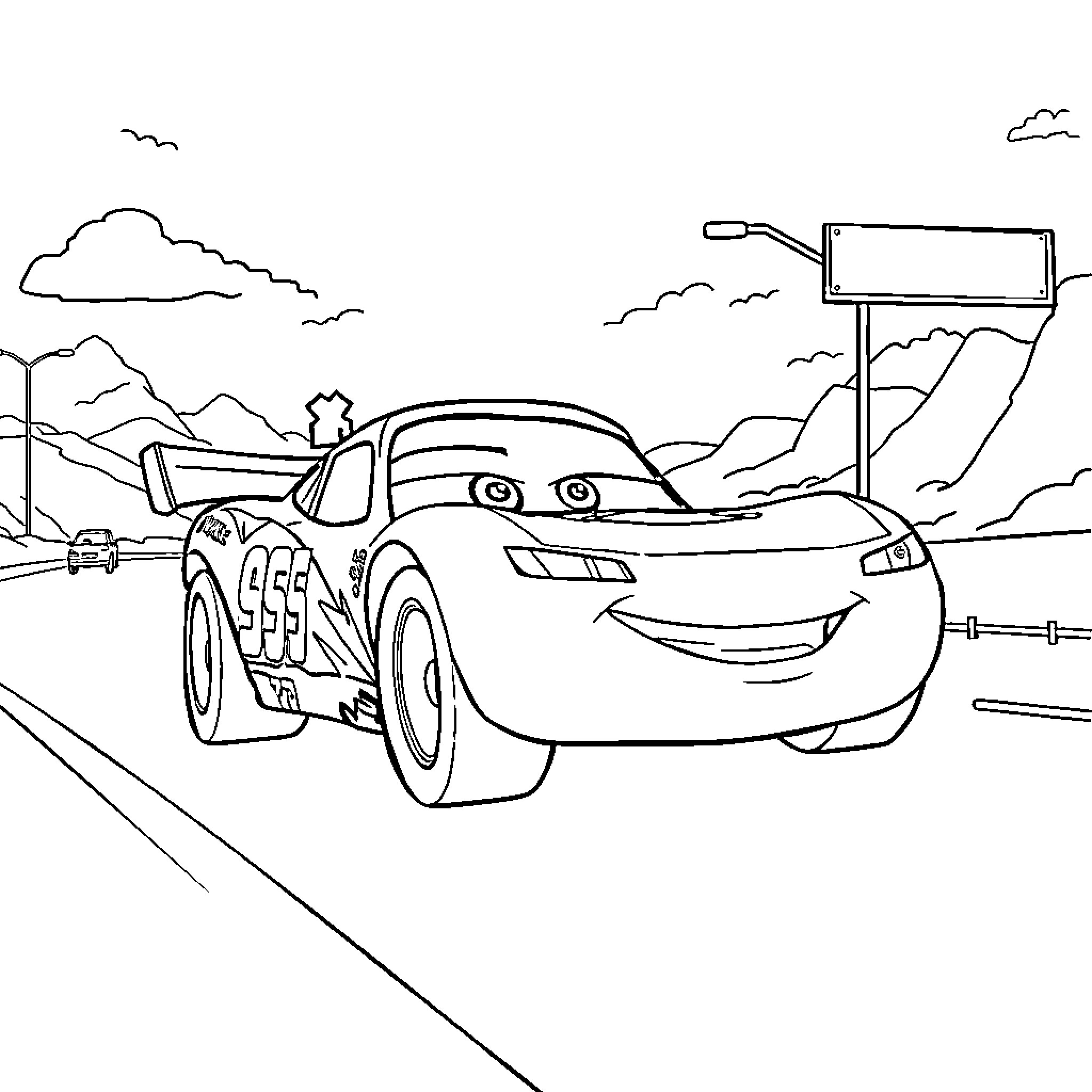 Mack's Exciting Race on the Desert Road Coloring Page (free black-and-white line drawing printable PDF for all, from beginners to advanced learners, including children, teens, adults, and seniors)