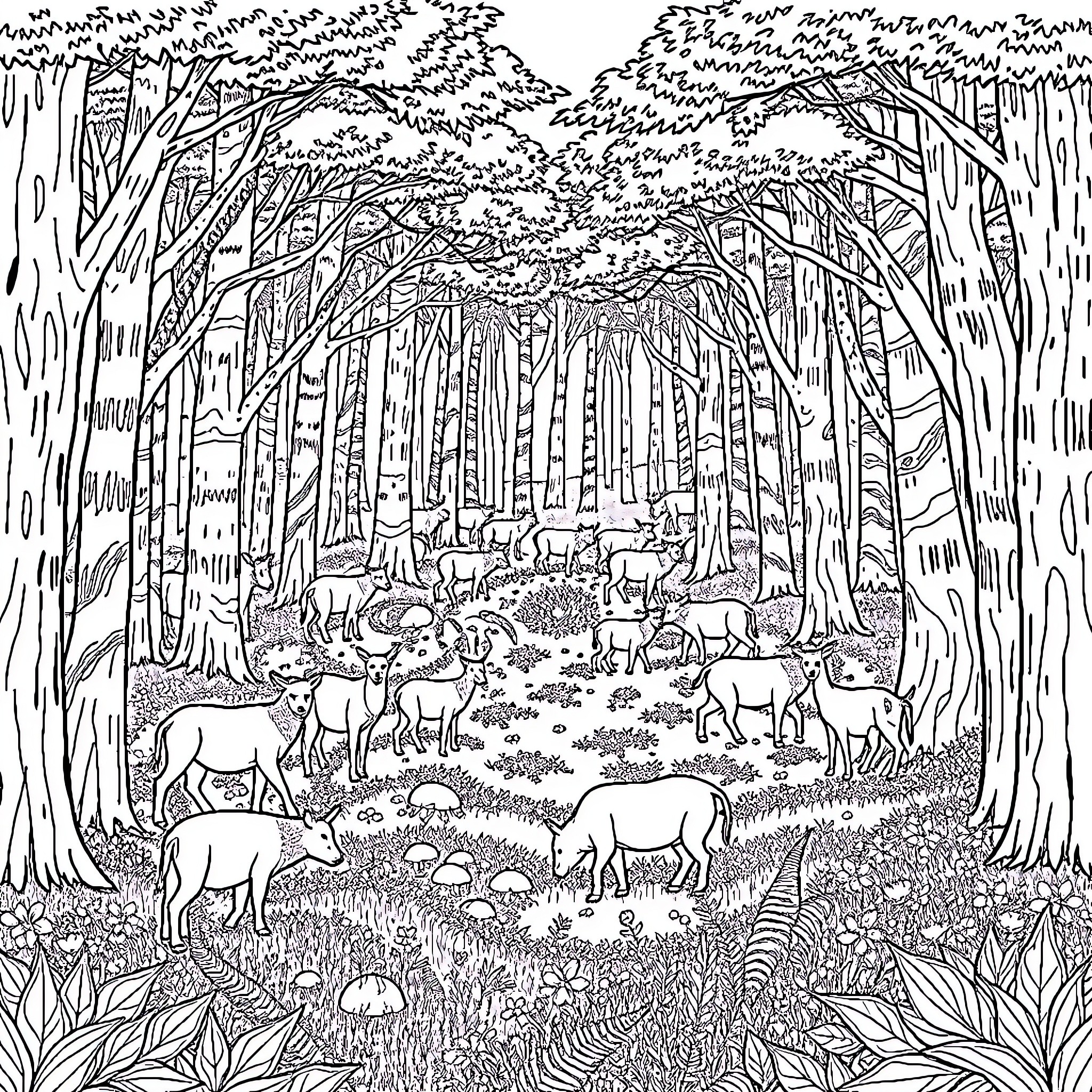 Animal herd in enchanted forest Coloring Page (free black-and-white line drawing printable PDF for all, from beginners to advanced learners, including children, teens, adults, and seniors)