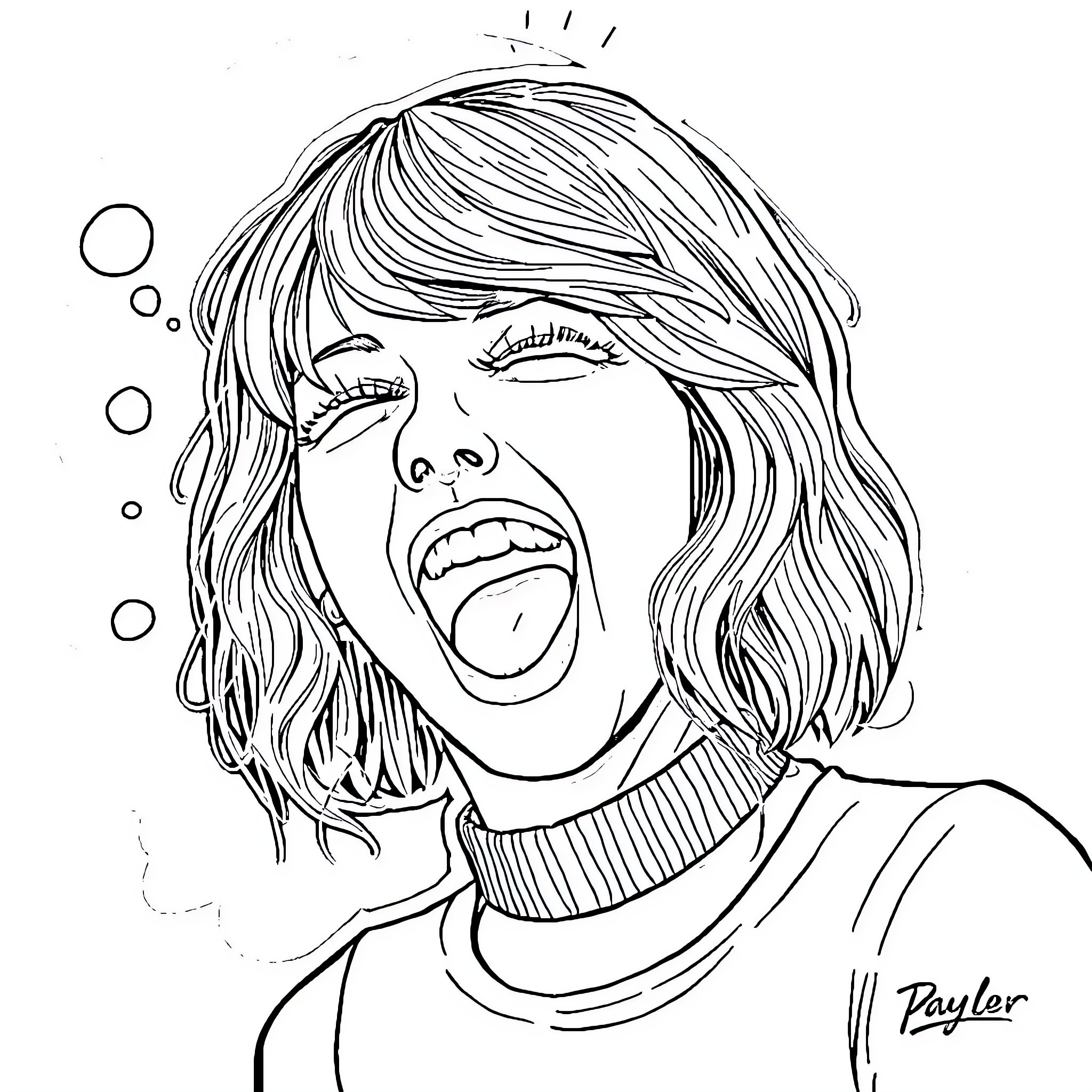 Taylor Swift's Emotive Expression Coloring Page (free black-and-white line drawing printable PDF for all, from beginners to advanced learners, including children, teens, adults, and seniors)