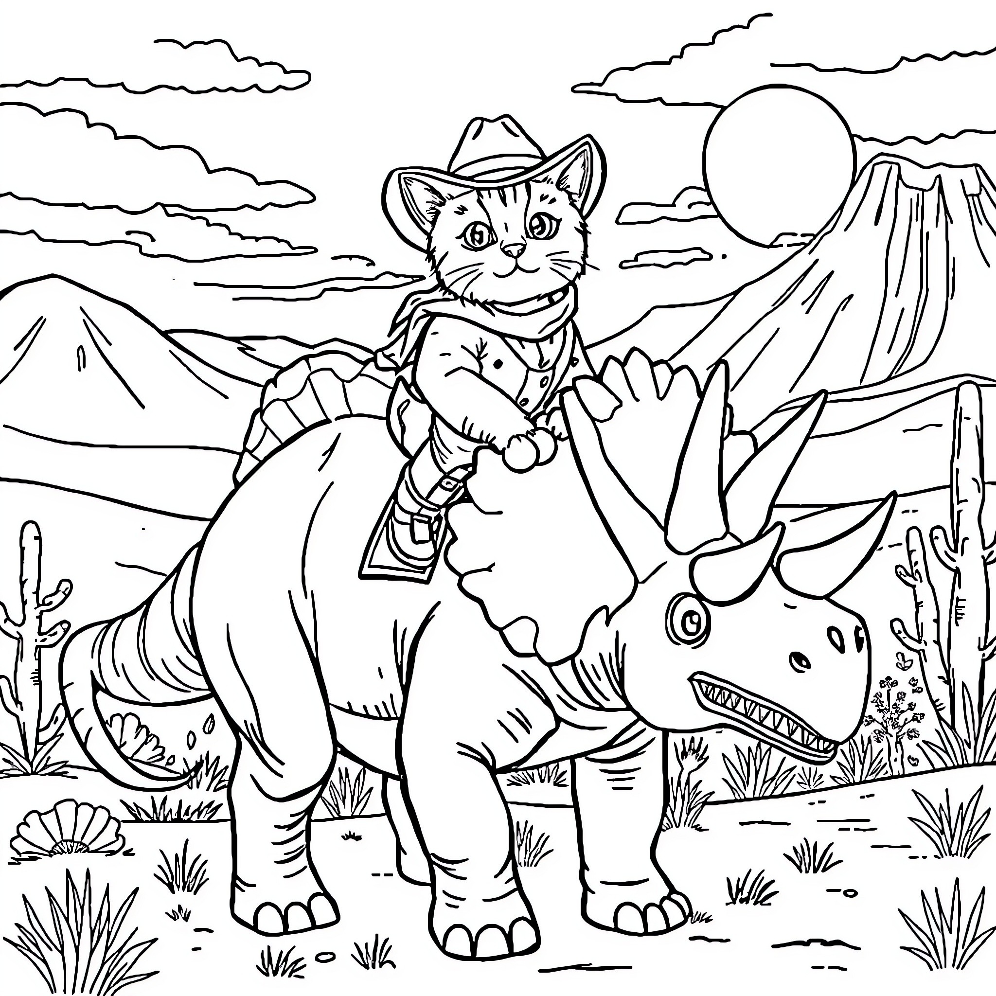 Cowboy Cat explores the Wild West on a Rhino Coloring Page (free black-and-white line drawing printable PDF for all, from beginners to advanced learners, including children, teens, adults, and seniors)