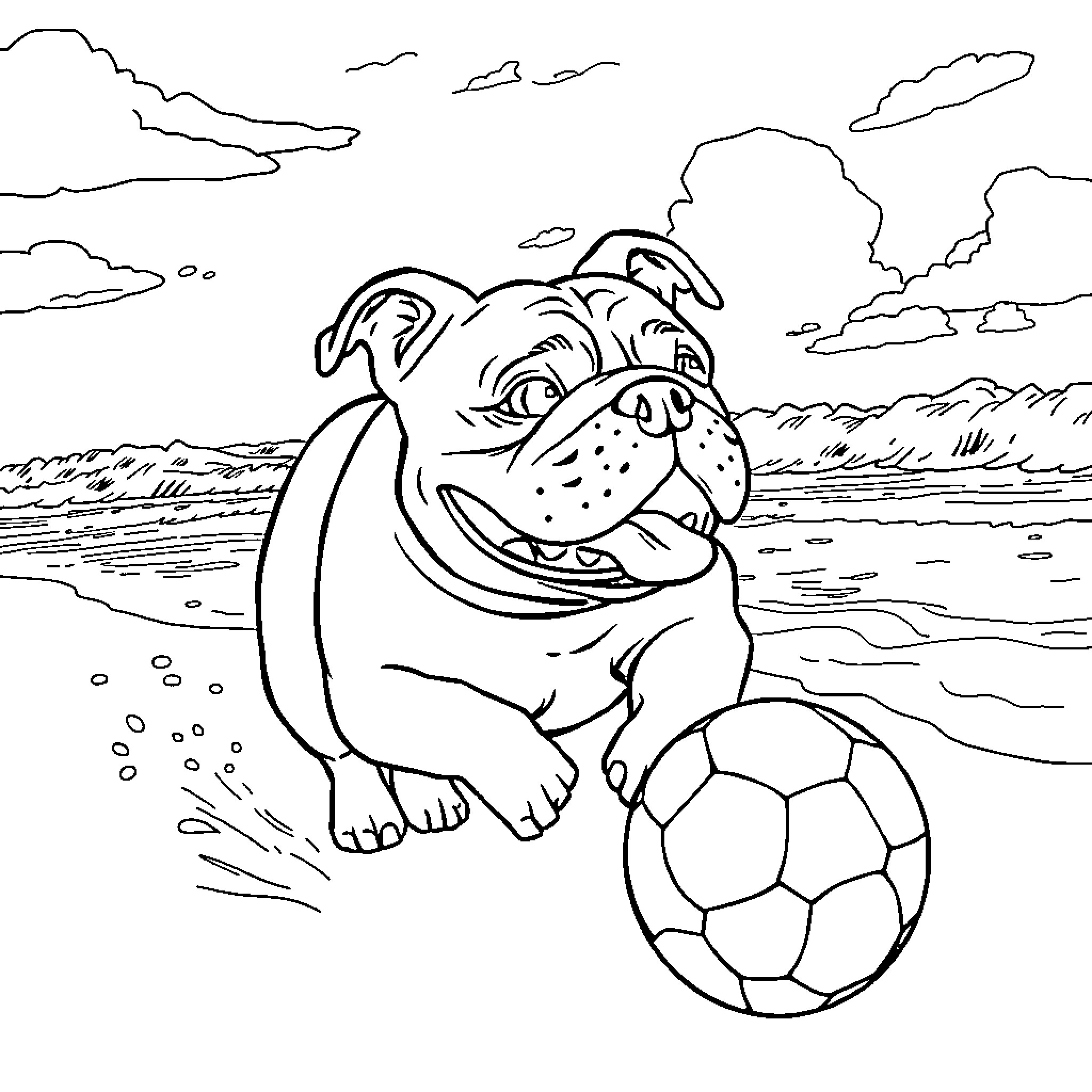 Bulldog playing with soccer ball on the beach Coloring Page (free black-and-white line drawing printable PDF for all, from beginners to advanced learners, including children, teens, adults, and seniors)