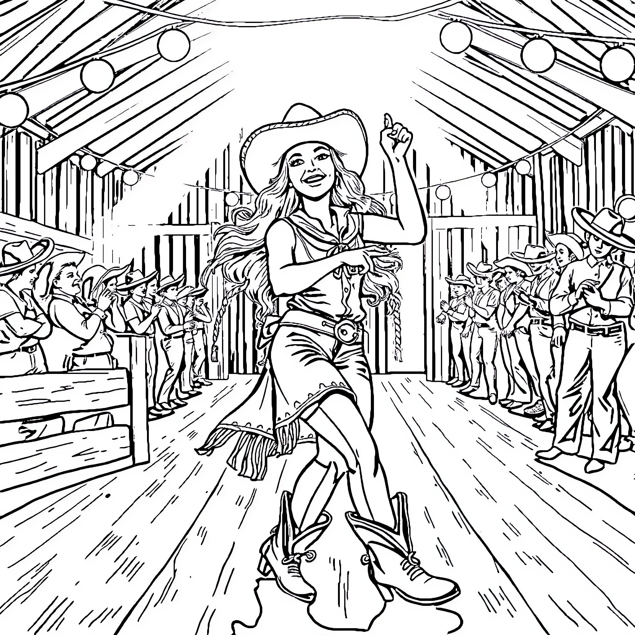 Cowgirl Performing on Stage with Enthusiastic Crowd Coloring Page (free black-and-white line drawing printable PDF for all, from beginners to advanced learners, including children, teens, adults, and seniors)