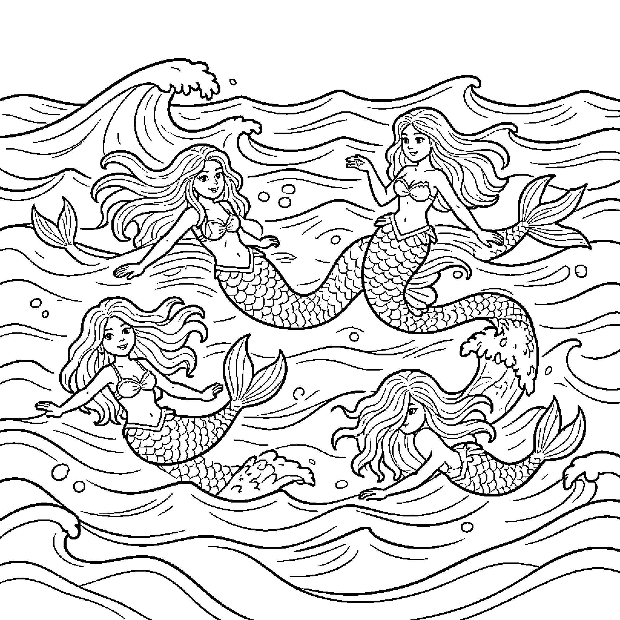 Mermaid Friends Exploring the Enchanted Underwater World Coloring Page (free black-and-white line drawing printable PDF for all, from beginners to advanced learners, including children, teens, adults, and seniors)