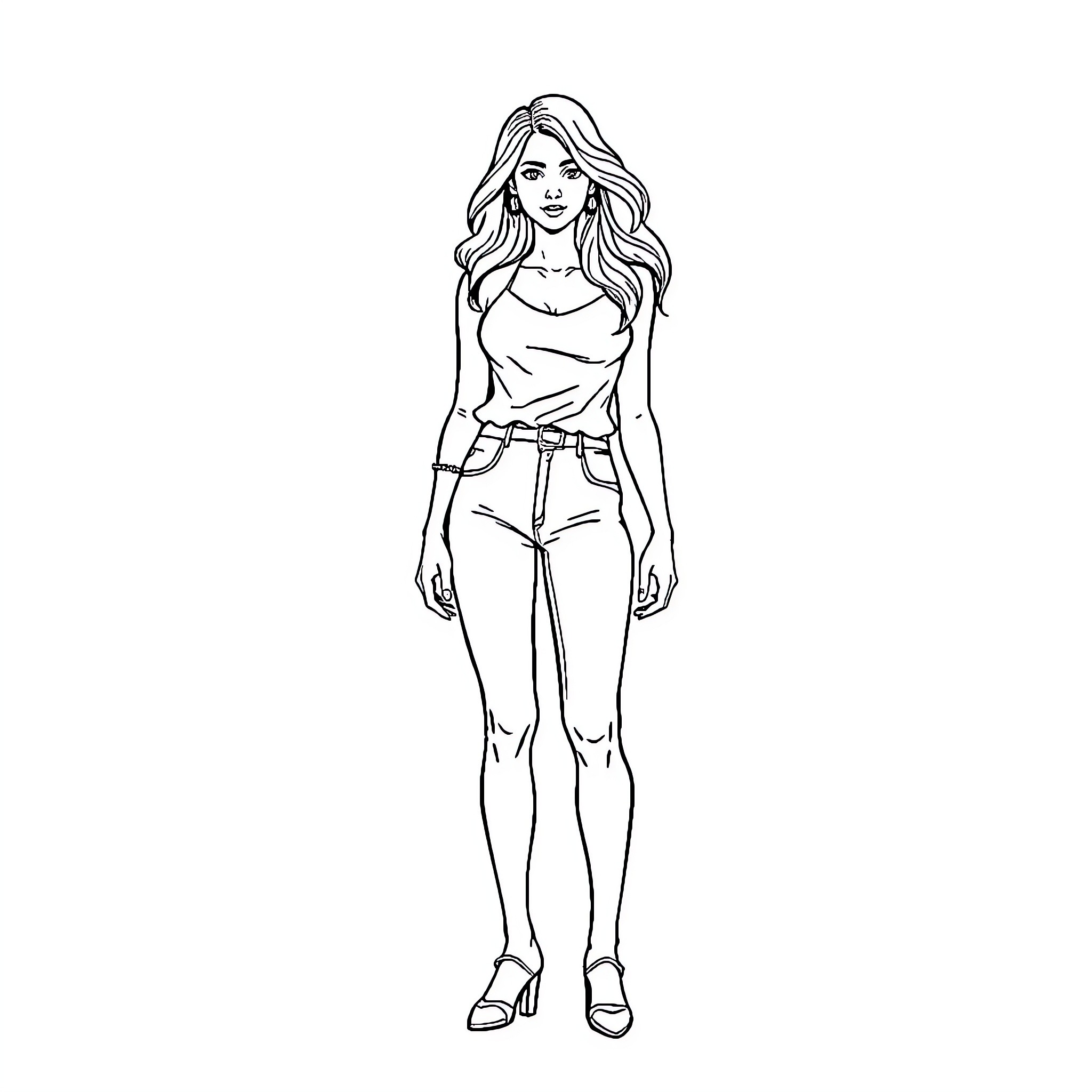 Woman standing confidently in casual outfit Coloring Page (free black-and-white line drawing printable PDF for all, from beginners to advanced learners, including children, teens, adults, and seniors)