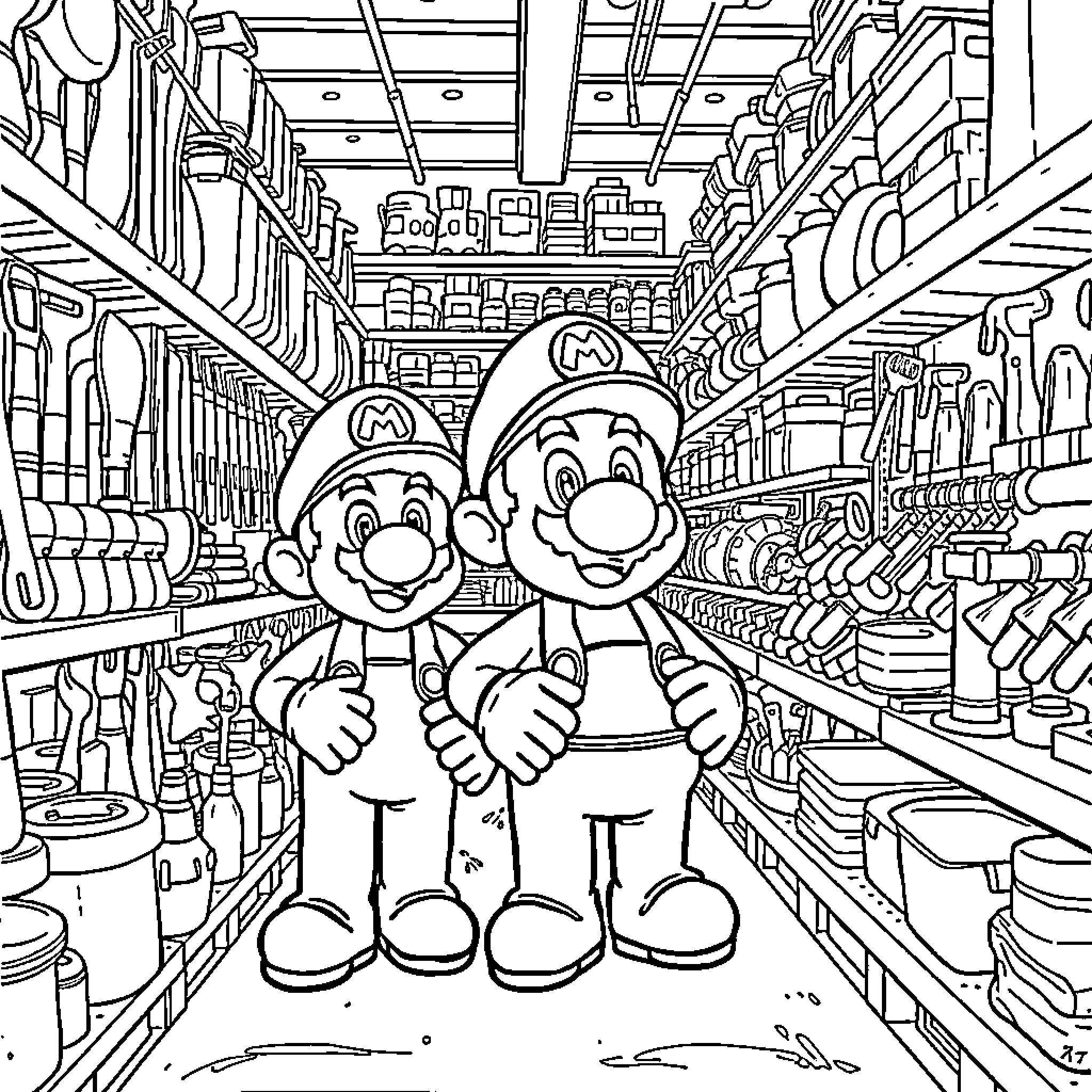 Mario and Luigi Explore the Colorful Supermarket Coloring Page (free black-and-white line drawing printable PDF for all, from beginners to advanced learners, including children, teens, adults, and seniors)