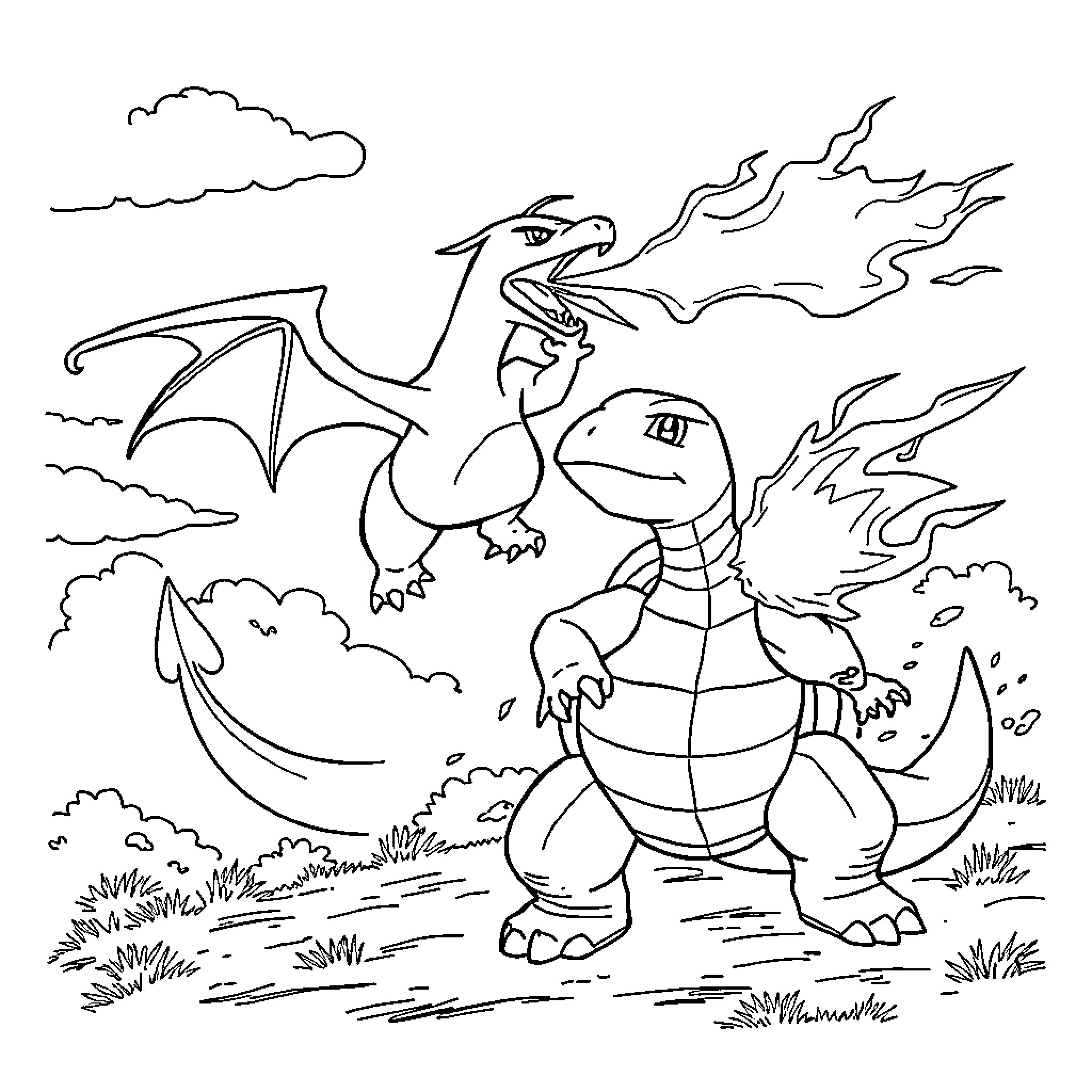 Charizard Breathing Fire and Battling in Nature Coloring Page (free black-and-white line drawing printable PDF for all, from beginners to advanced learners, including children, teens, adults, and seniors)