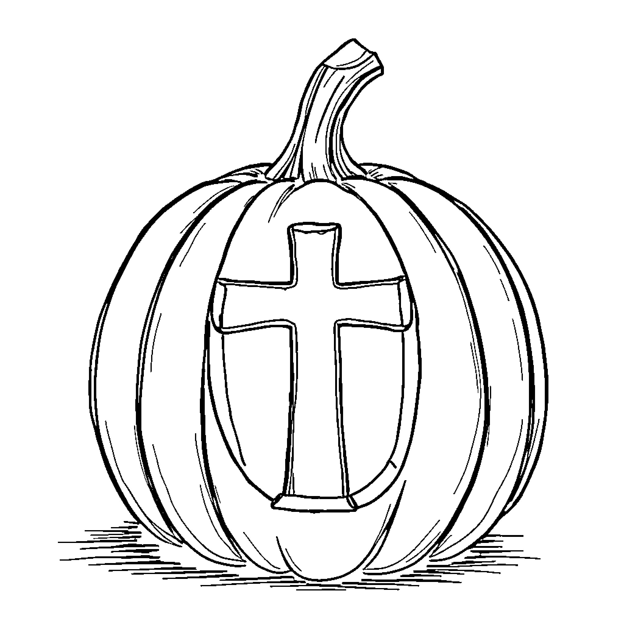 Pumpkin with Cross Symbol Coloring Page (free black-and-white line drawing printable PDF for all, from beginners to advanced learners, including children, teens, adults, and seniors)